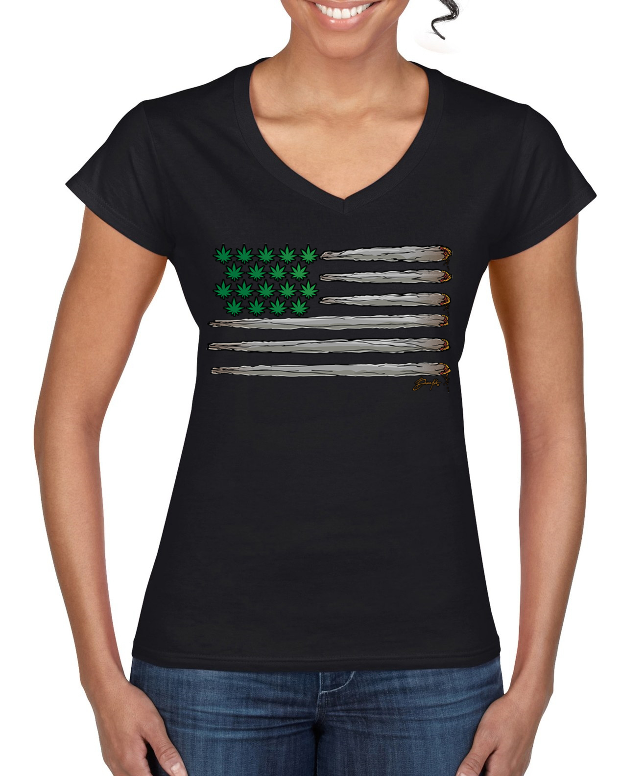 Weed US-Flagge Unkraut Damen Standard V-Ausschnitt T-Shirt - Bild 3 von 5