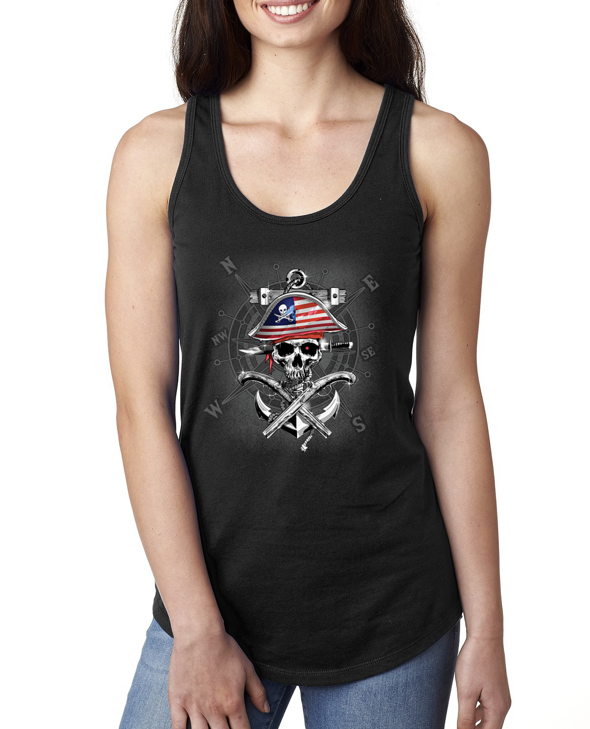 American Pirate Skull Compass Ladies Racerback Tank Top - Picture 3 of 15