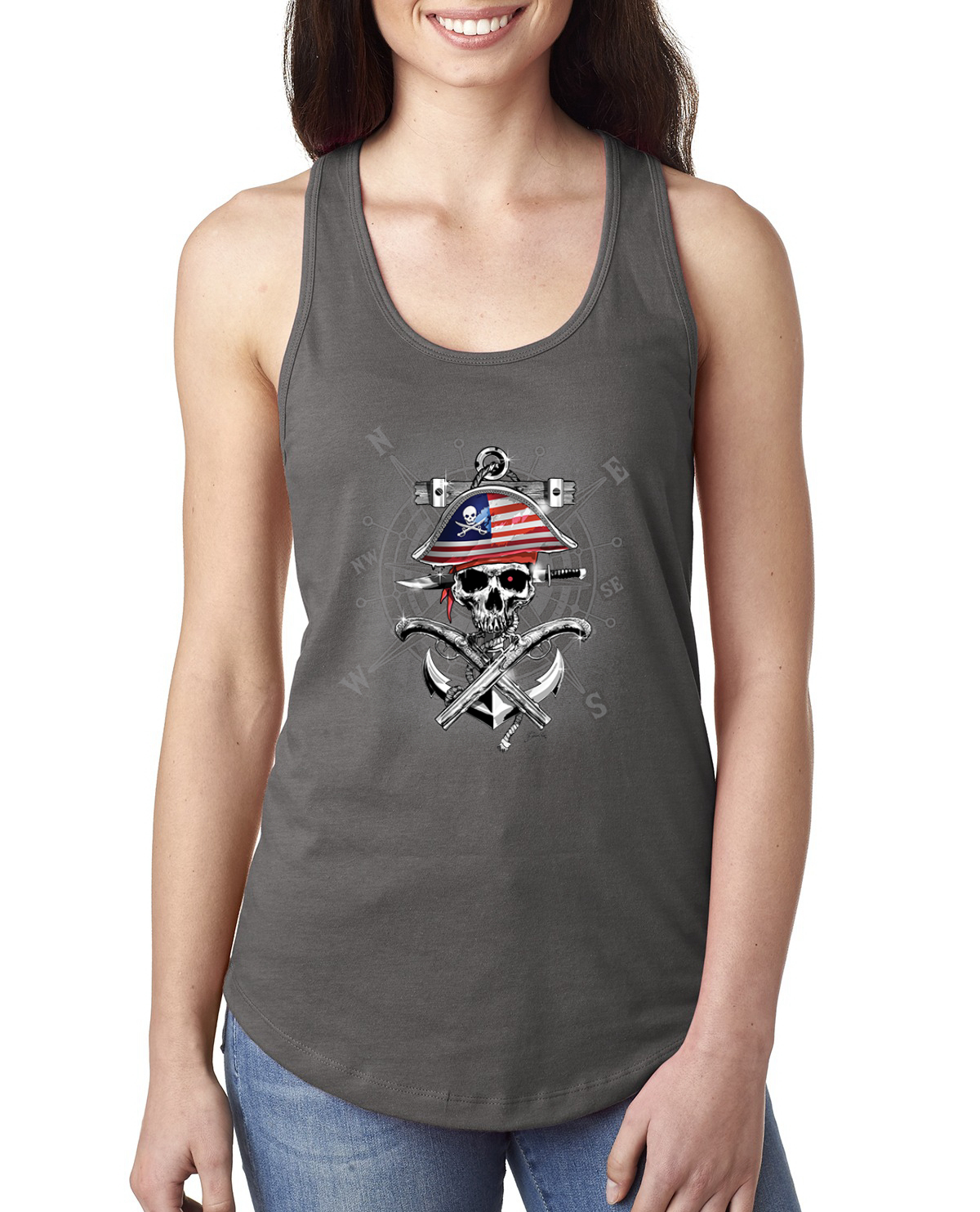 American Pirate Skull Compass Ladies Racerback Tank Top - Picture 10 of 15