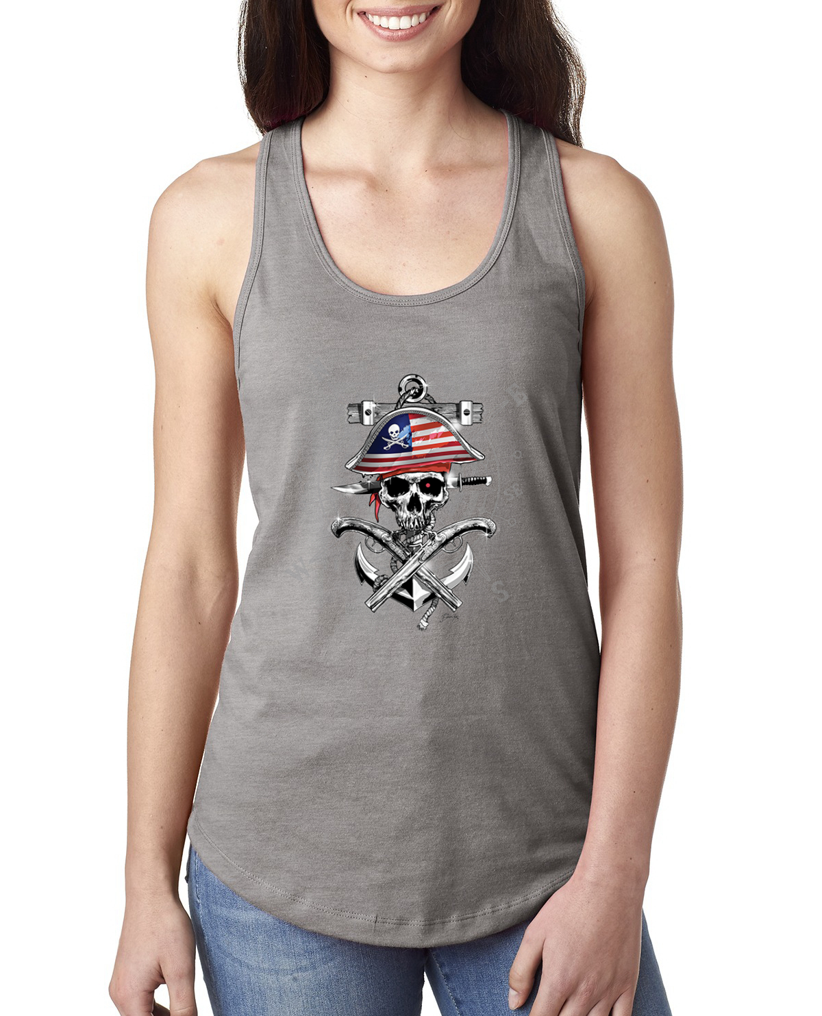 American Pirate Skull Compass Ladies Racerback Tank Top - Picture 4 of 15