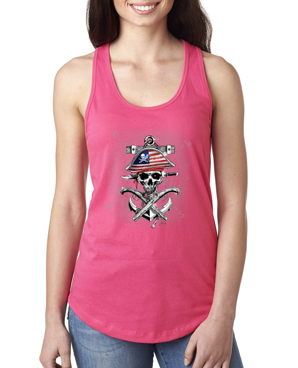 American Pirate Skull Compass Ladies Racerback Tank Top - Picture 11 of 15