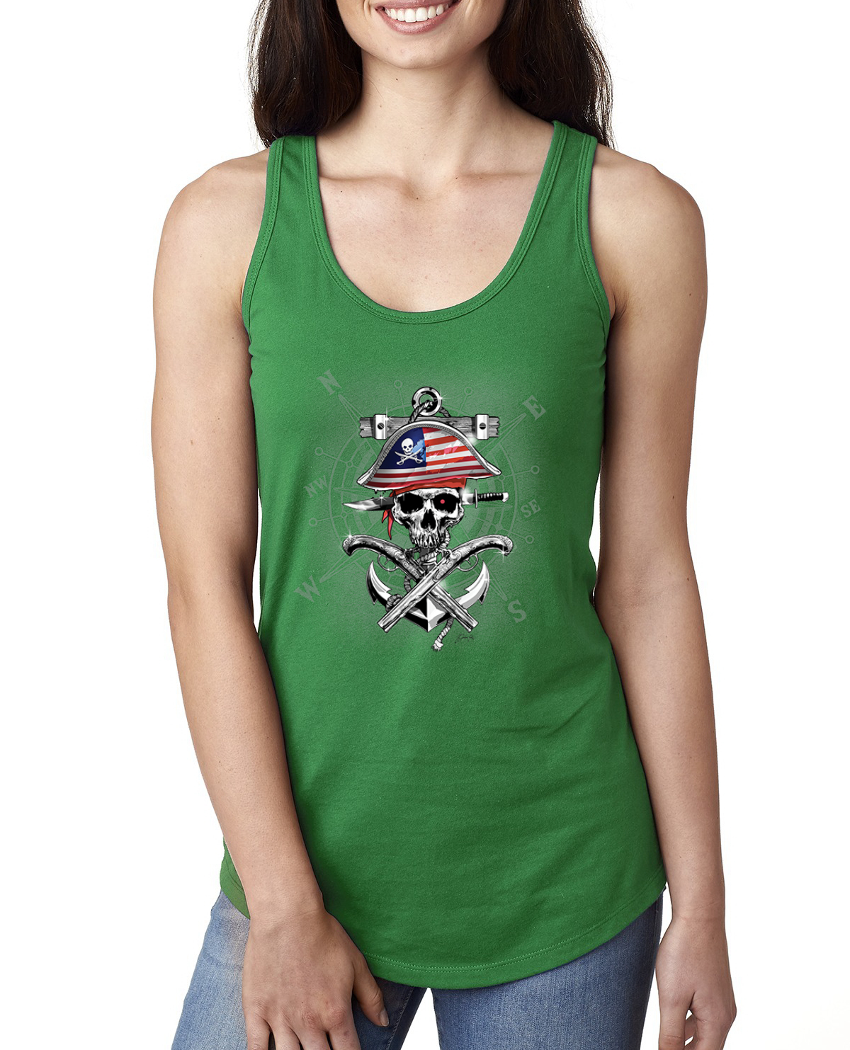 American Pirate Skull Compass Ladies Racerback Tank Top - Picture 5 of 15