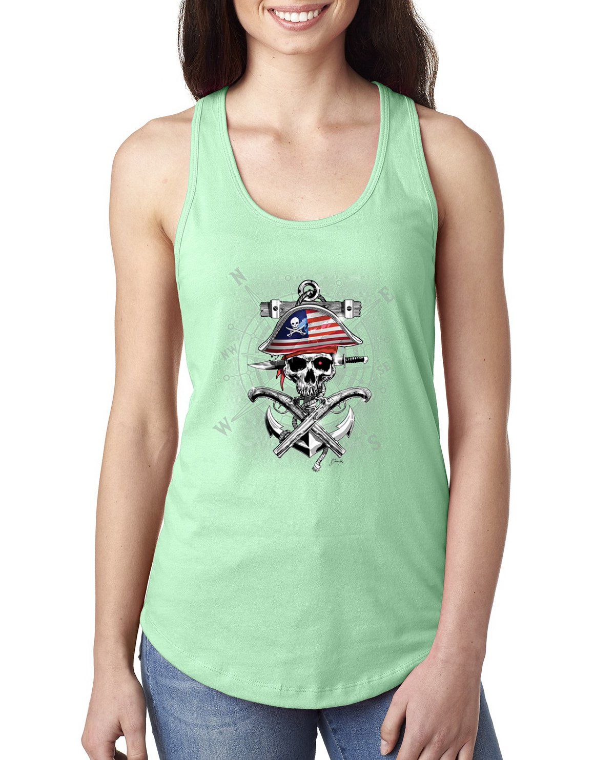 American Pirate Skull Compass Ladies Racerback Tank Top - Picture 12 of 15
