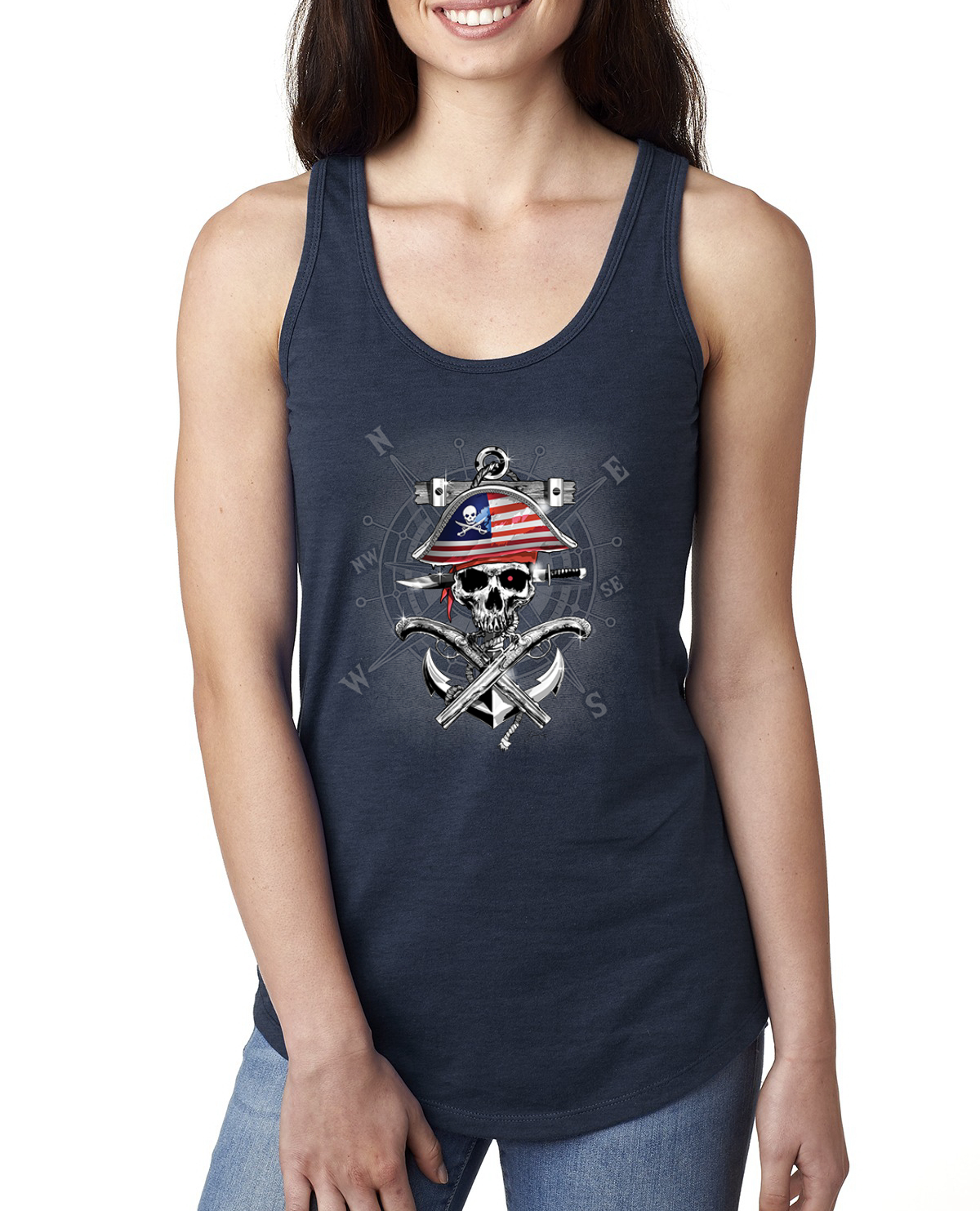 American Pirate Skull Compass Ladies Racerback Tank Top - Picture 6 of 15