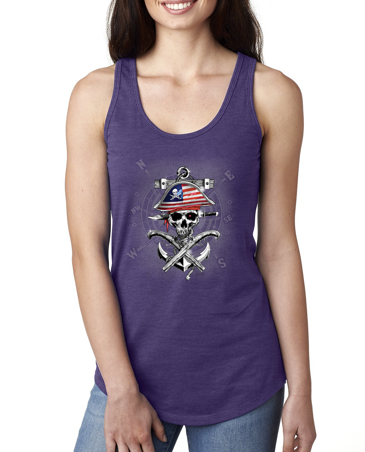 American Pirate Skull Compass Ladies Racerback Tank Top - Picture 13 of 15