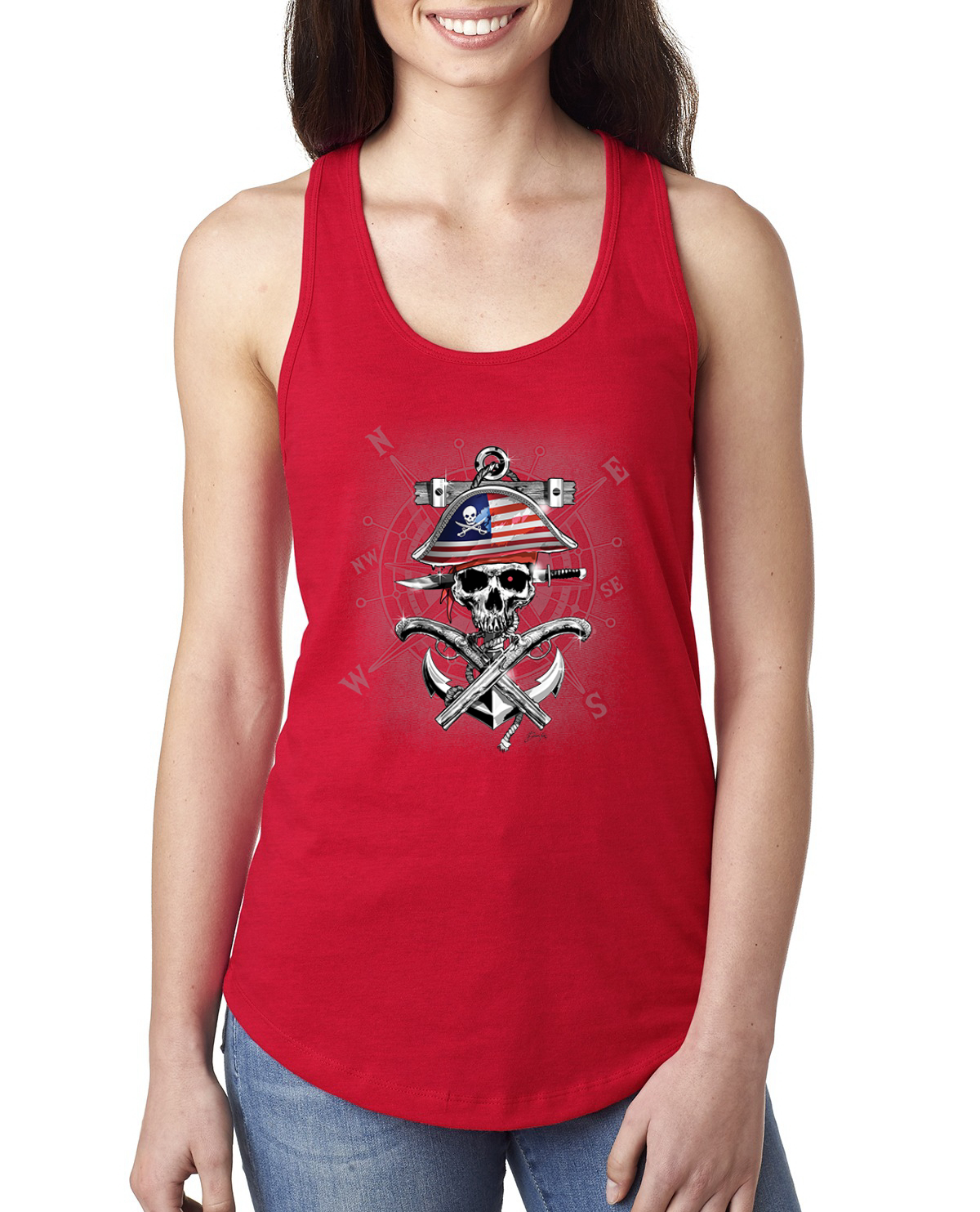 American Pirate Skull Compass Ladies Racerback Tank Top - Picture 7 of 15