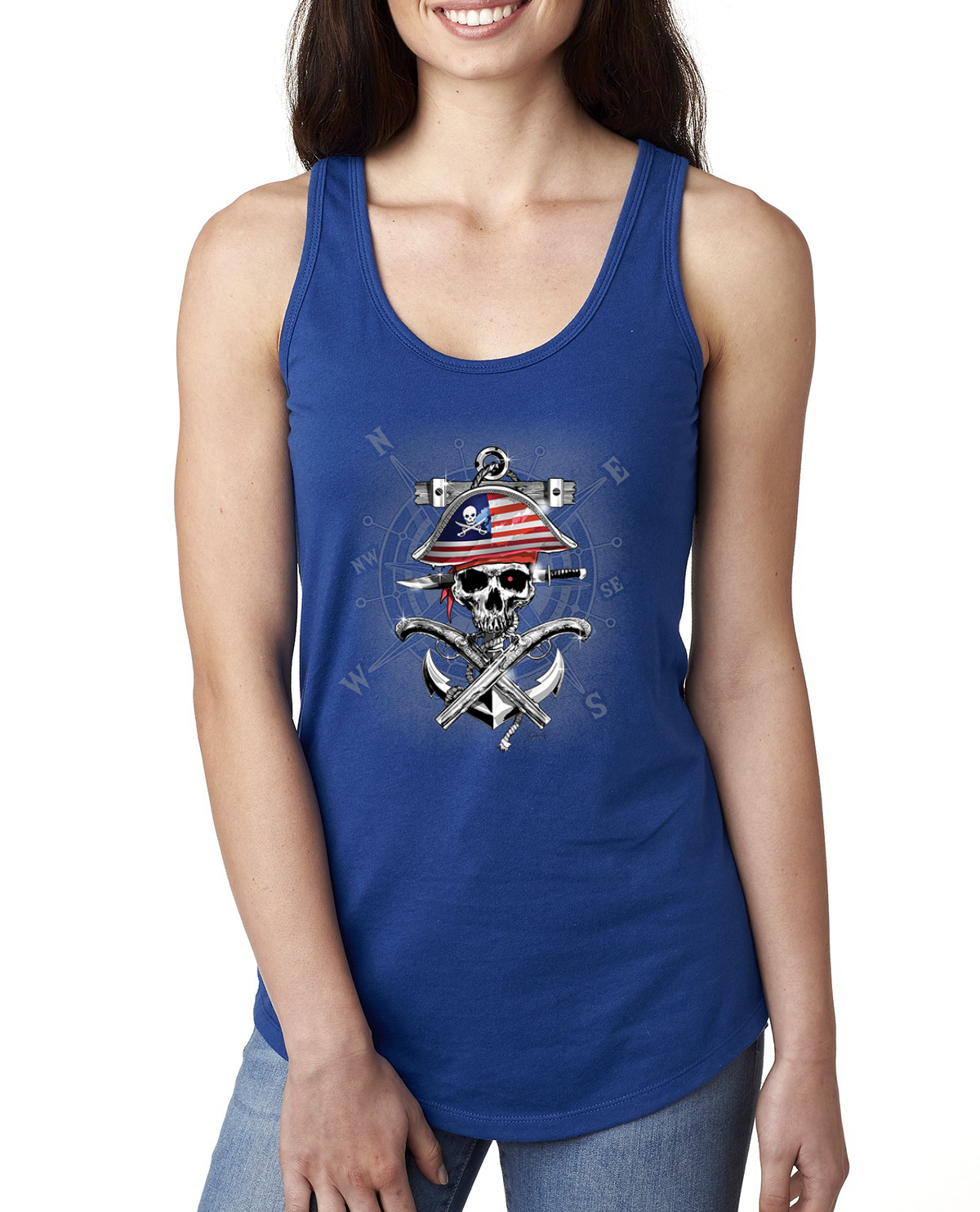 American Pirate Skull Compass Ladies Racerback Tank Top - Picture 8 of 15
