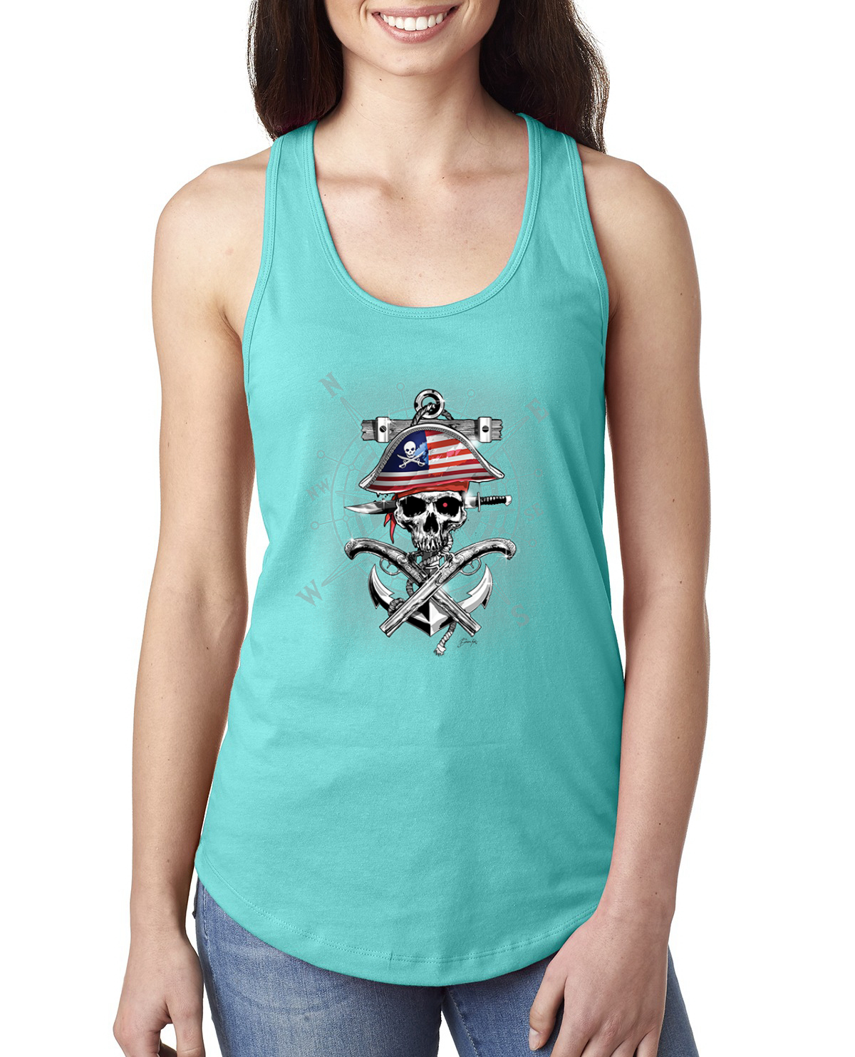 American Pirate Skull Compass Ladies Racerback Tank Top - Picture 15 of 15