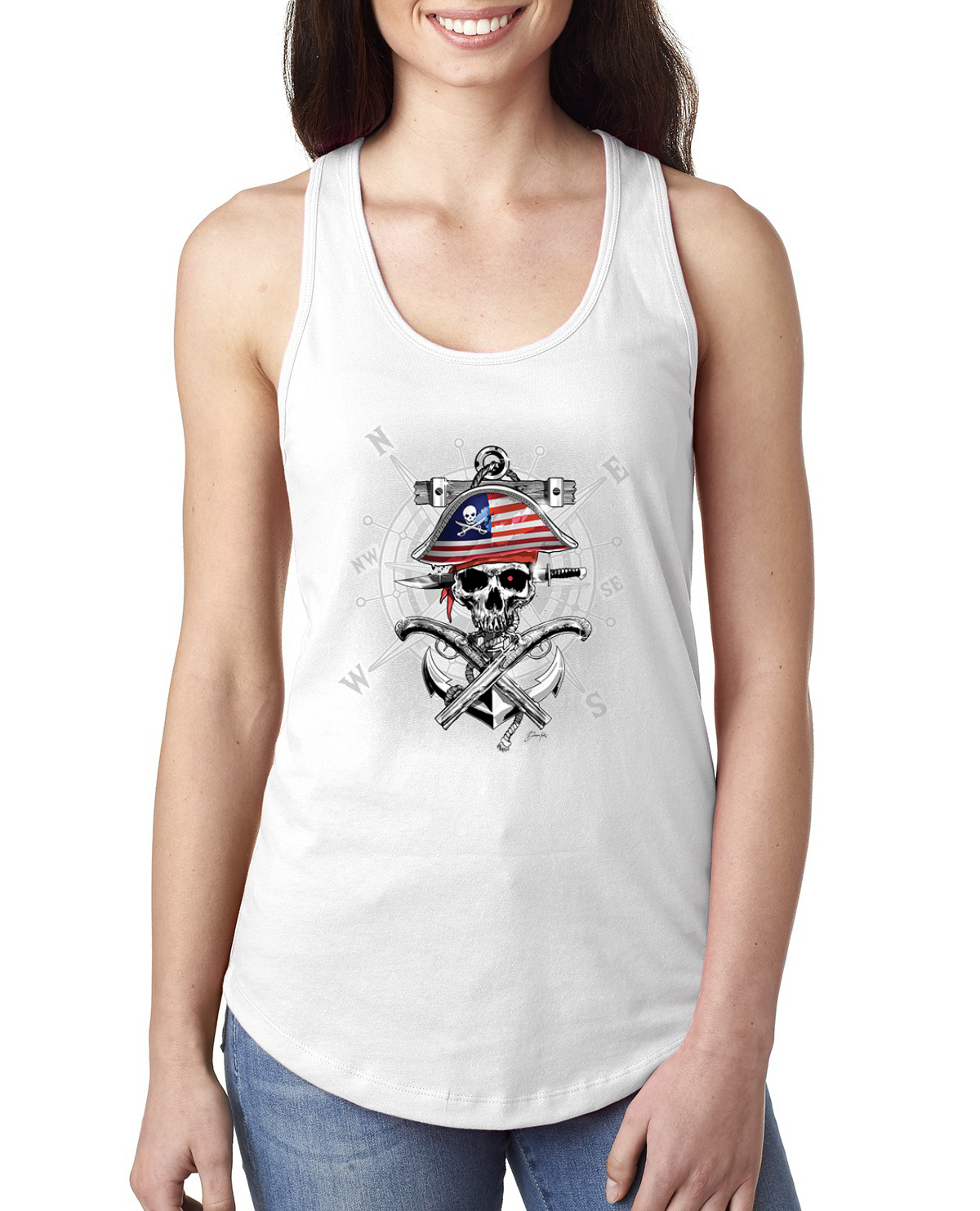 American Pirate Skull Compass Ladies Racerback Tank Top - Picture 9 of 15
