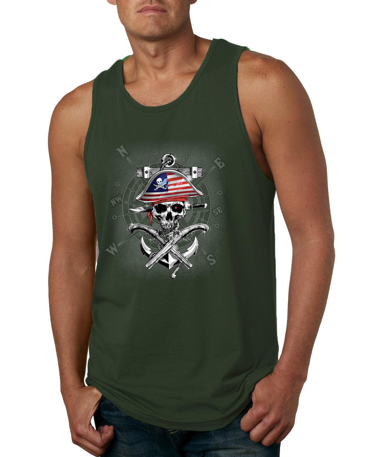 American Pirate Skull Compass Men Tank Top - Picture 4 of 9