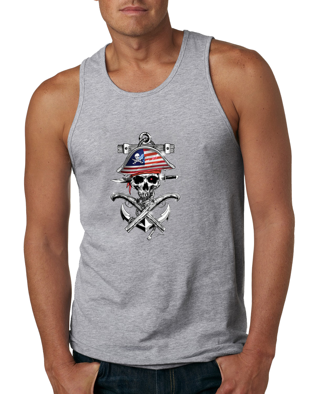American Pirate Skull Compass Men Tank Top - Picture 5 of 9