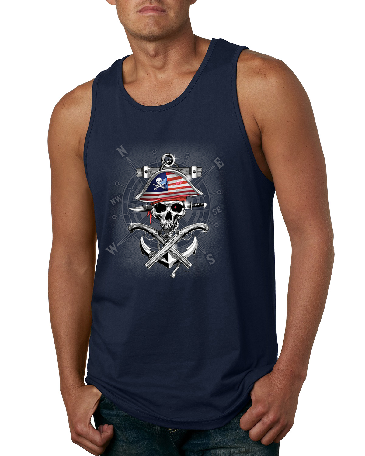 American Pirate Skull Compass Men Tank Top - Picture 6 of 9