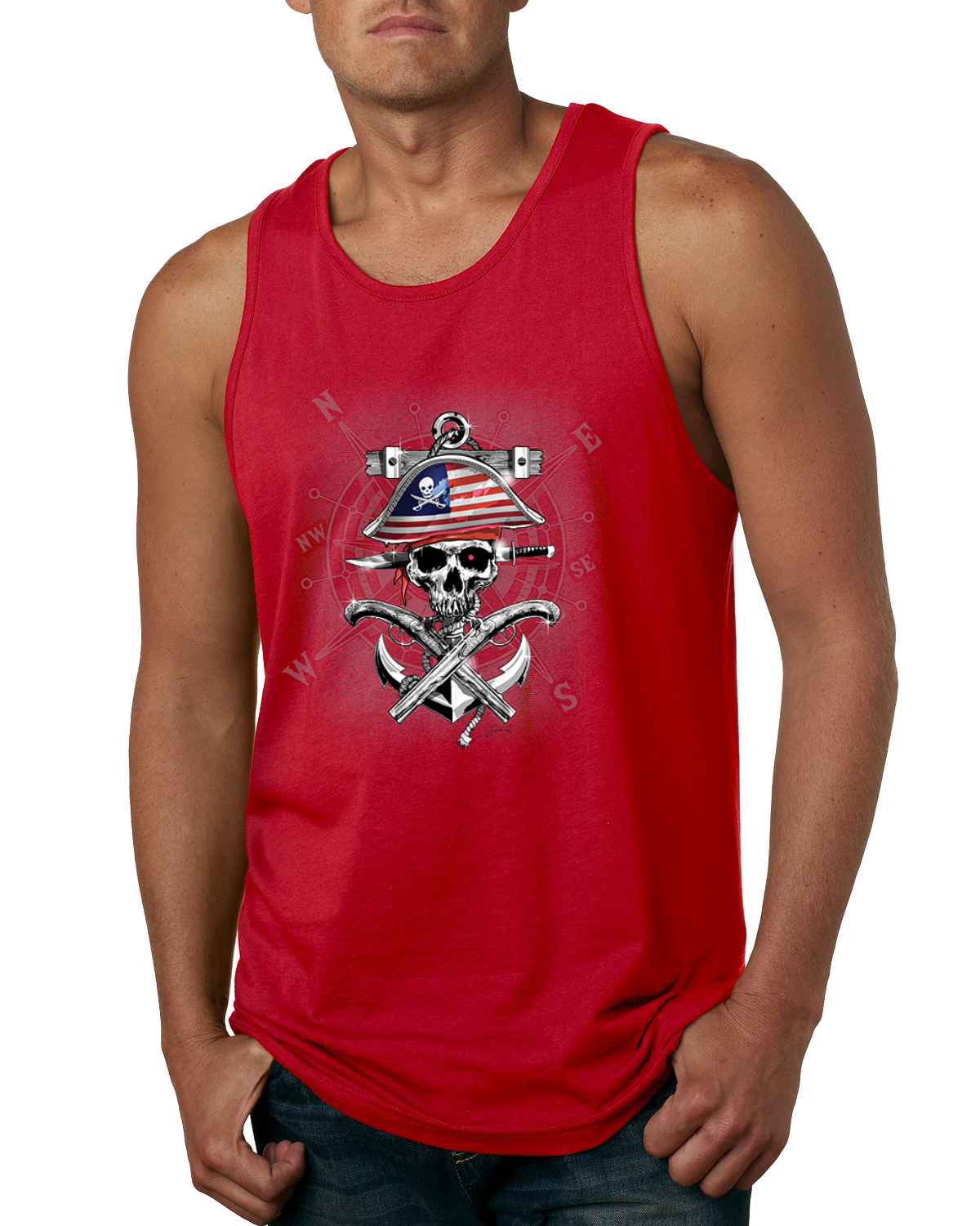 American Pirate Skull Compass Men Tank Top - Picture 7 of 9