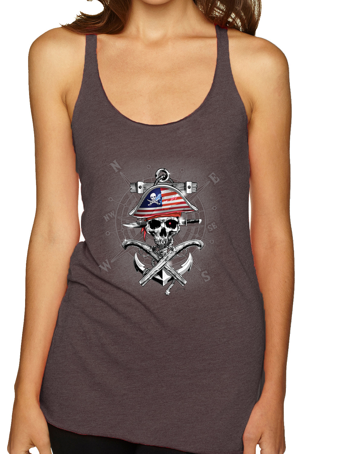 American Pirate Skull Compass Tri-Blend Racerback Tank Top - Picture 3 of 16