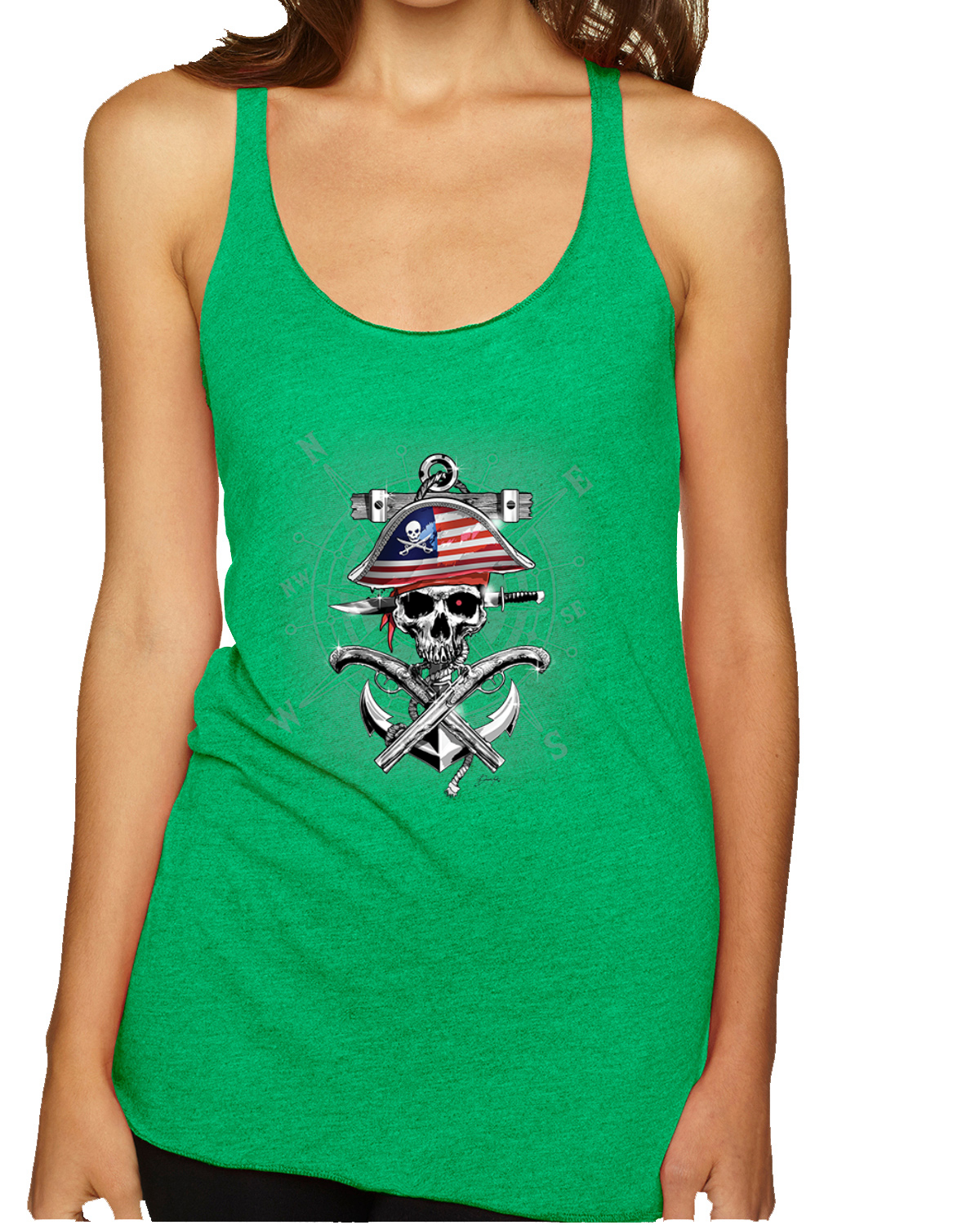 American Pirate Skull Compass Tri-Blend Racerback Tank Top - Picture 6 of 16