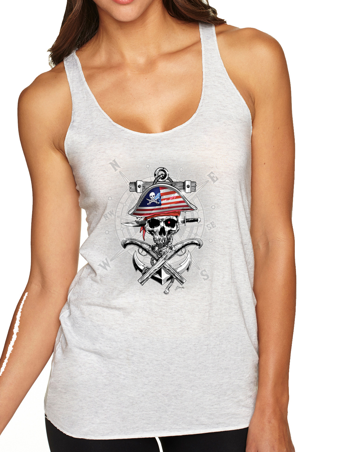 American Pirate Skull Compass Tri-Blend Racerback Tank Top - Picture 7 of 16