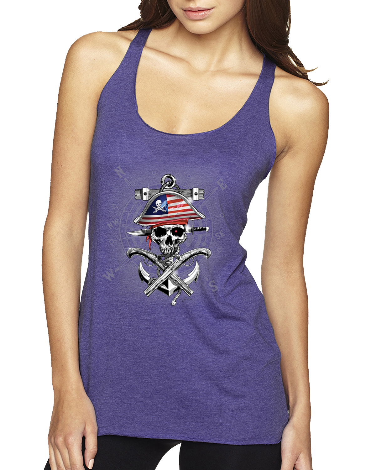 American Pirate Skull Compass Tri-Blend Racerback Tank Top - Picture 4 of 16