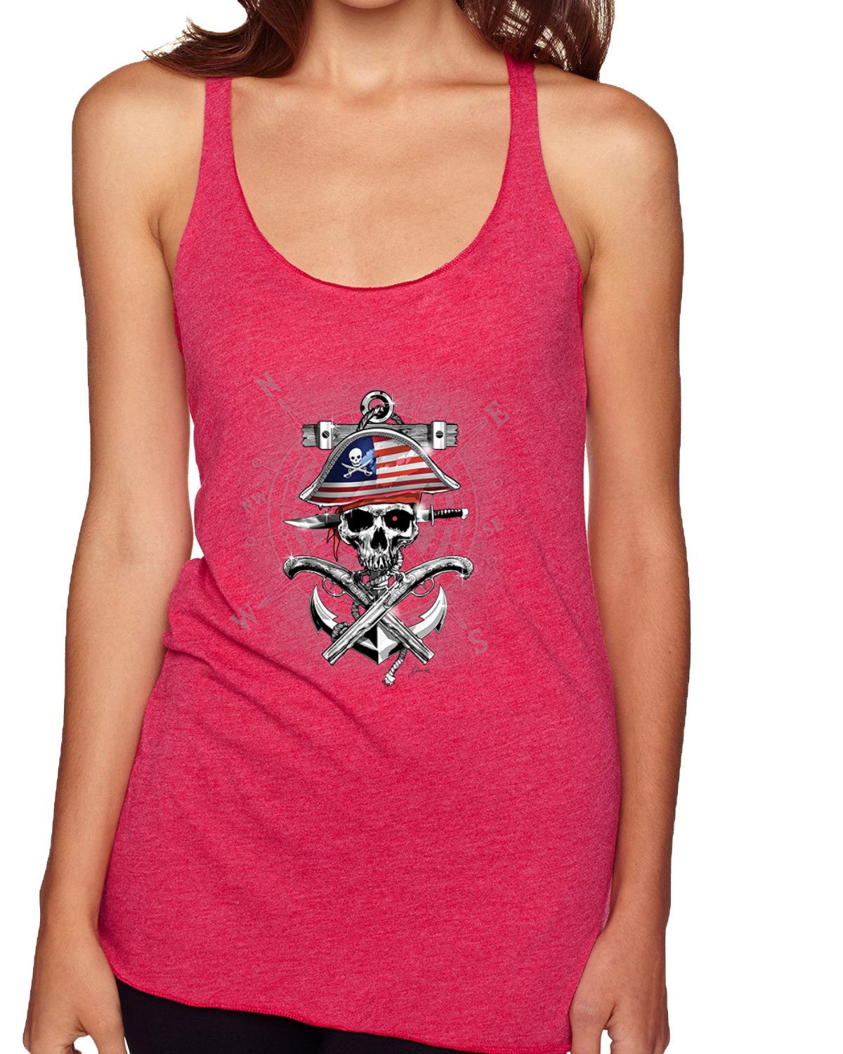 American Pirate Skull Compass Tri-Blend Racerback Tank Top - Picture 14 of 16