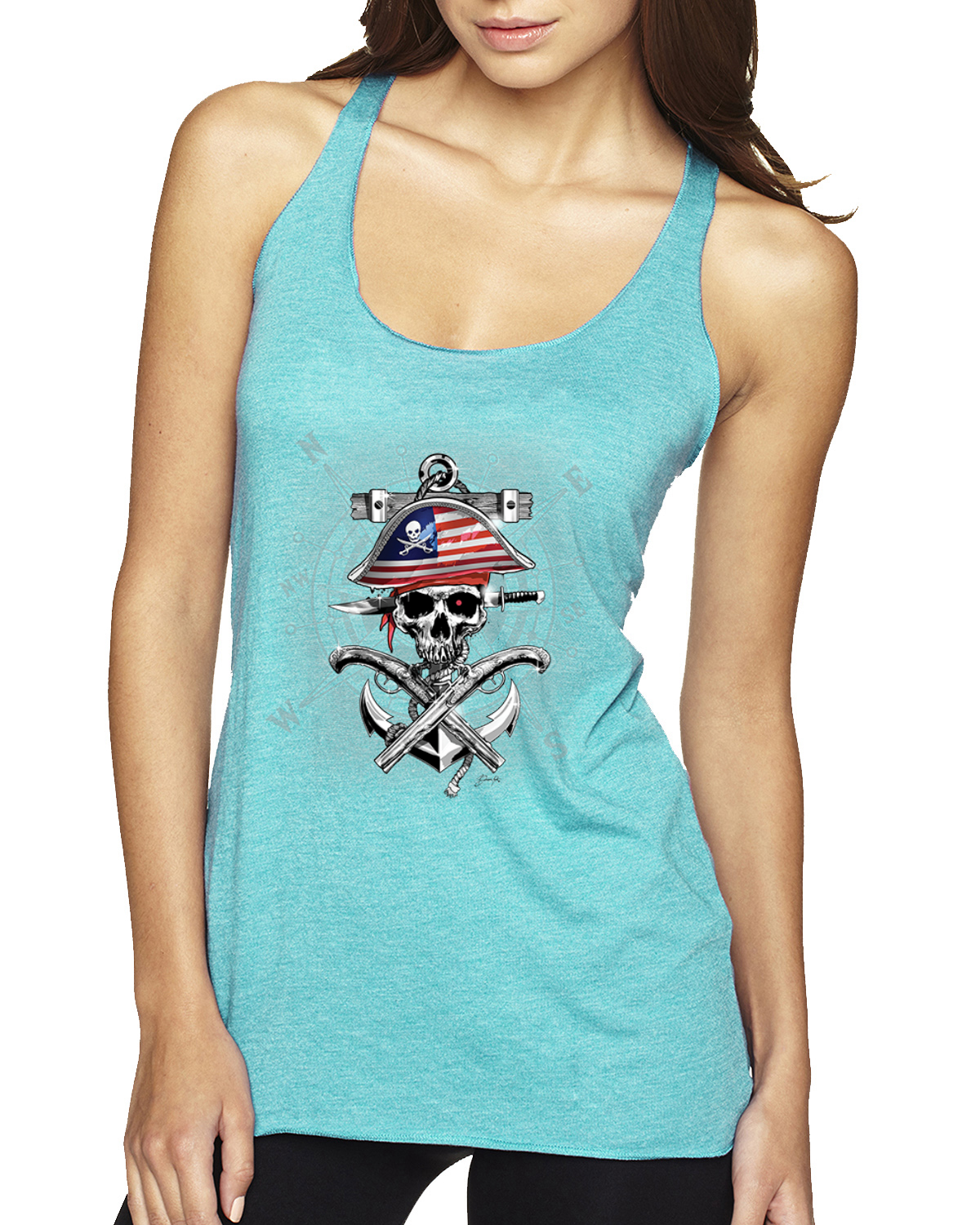 American Pirate Skull Compass Tri-Blend Racerback Tank Top - Picture 5 of 16