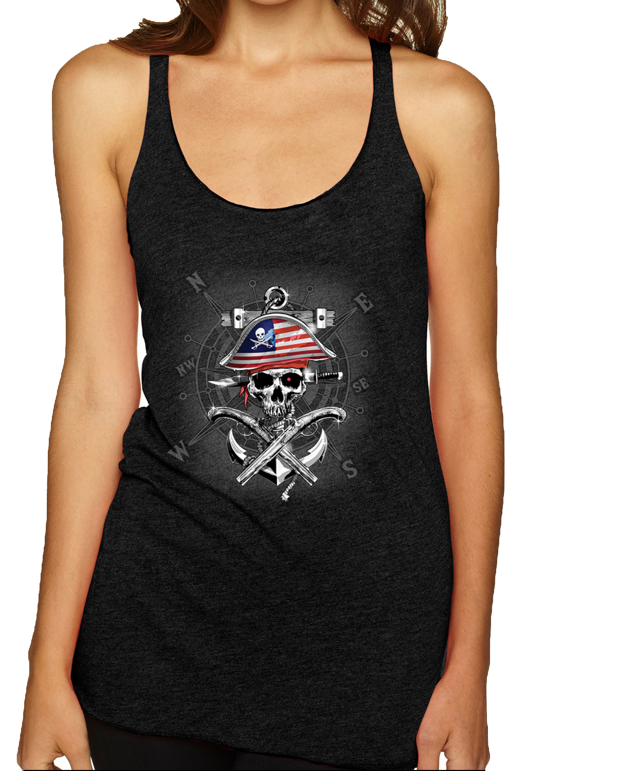 American Pirate Skull Compass Tri-Blend Racerback Tank Top - Picture 9 of 16
