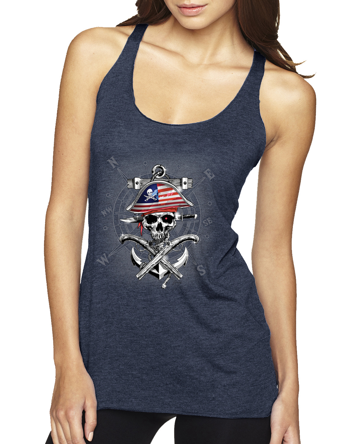 American Pirate Skull Compass Tri-Blend Racerback Tank Top - Picture 10 of 16