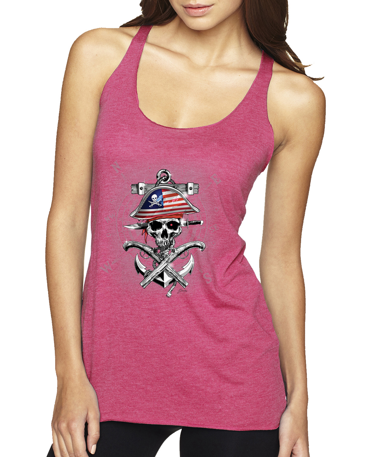 American Pirate Skull Compass Tri-Blend Racerback Tank Top - Picture 15 of 16