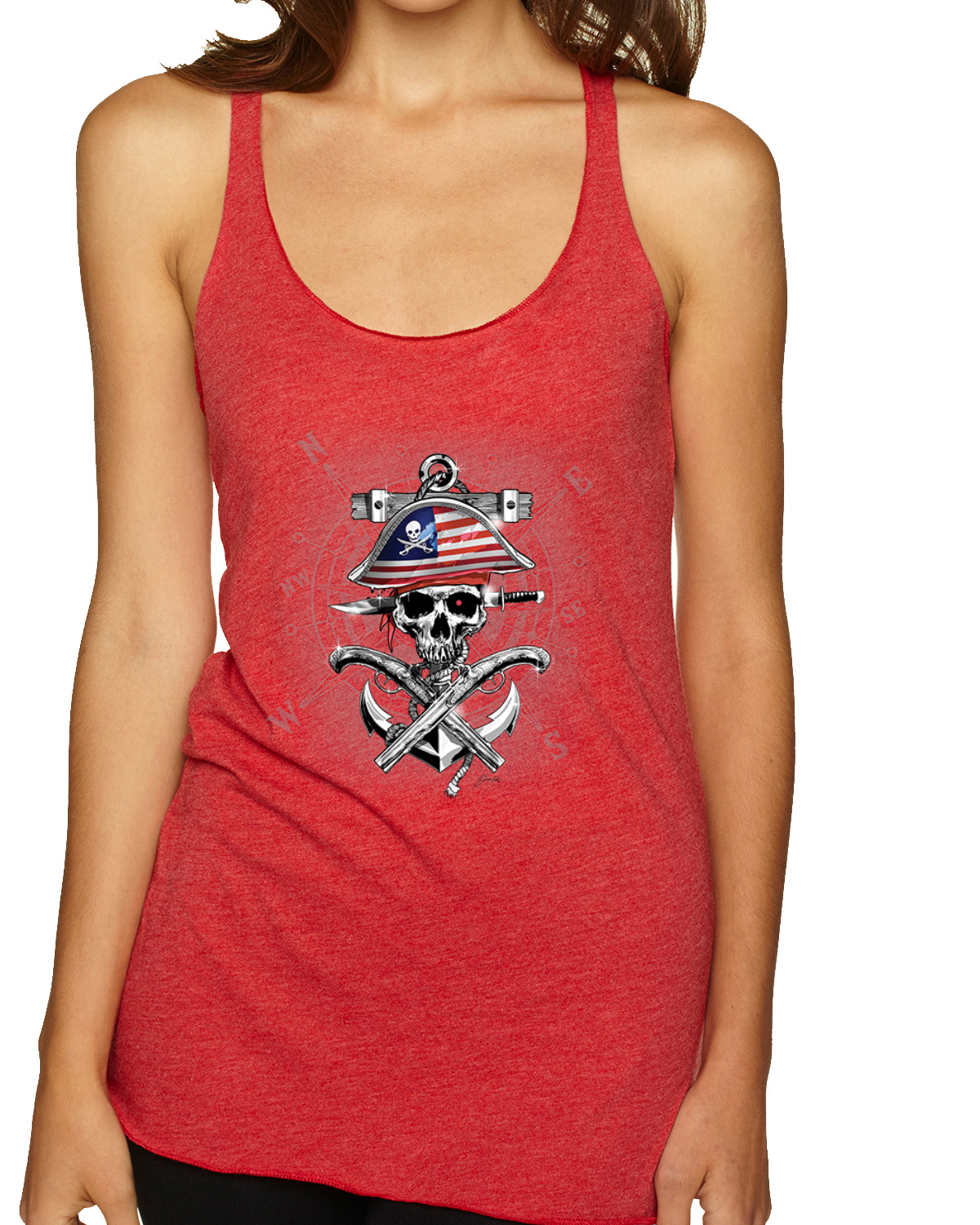 American Pirate Skull Compass Tri-Blend Racerback Tank Top - Picture 11 of 16