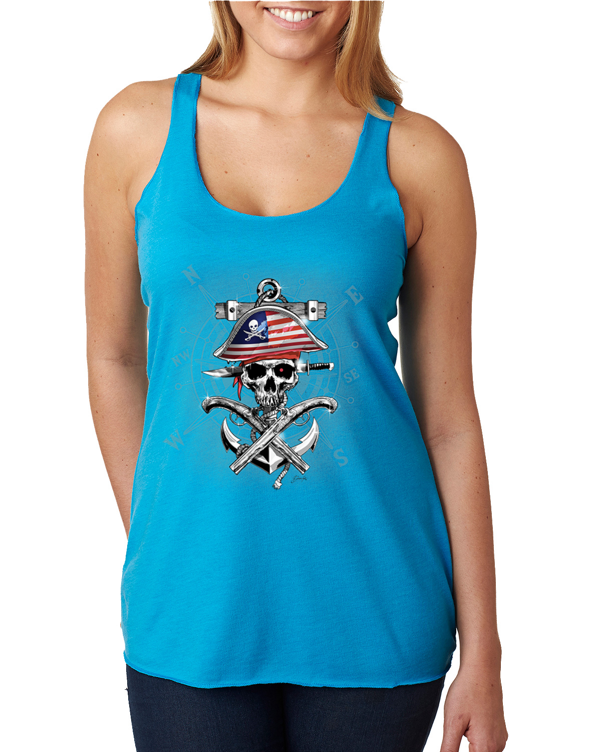 American Pirate Skull Compass Tri-Blend Racerback Tank Top - Picture 13 of 16