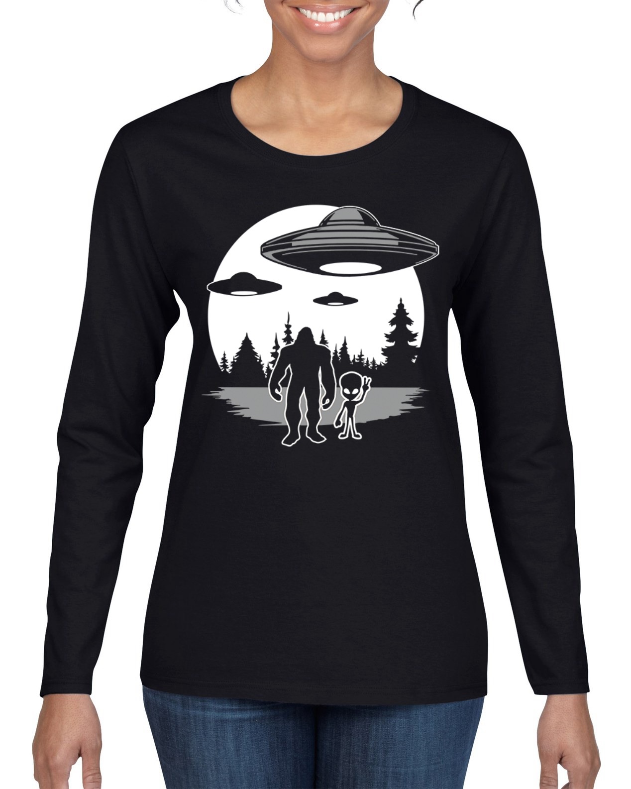 Silhoutte UFO Aliens Sasquatch Women Graphic Long Sleeve T-Shirt