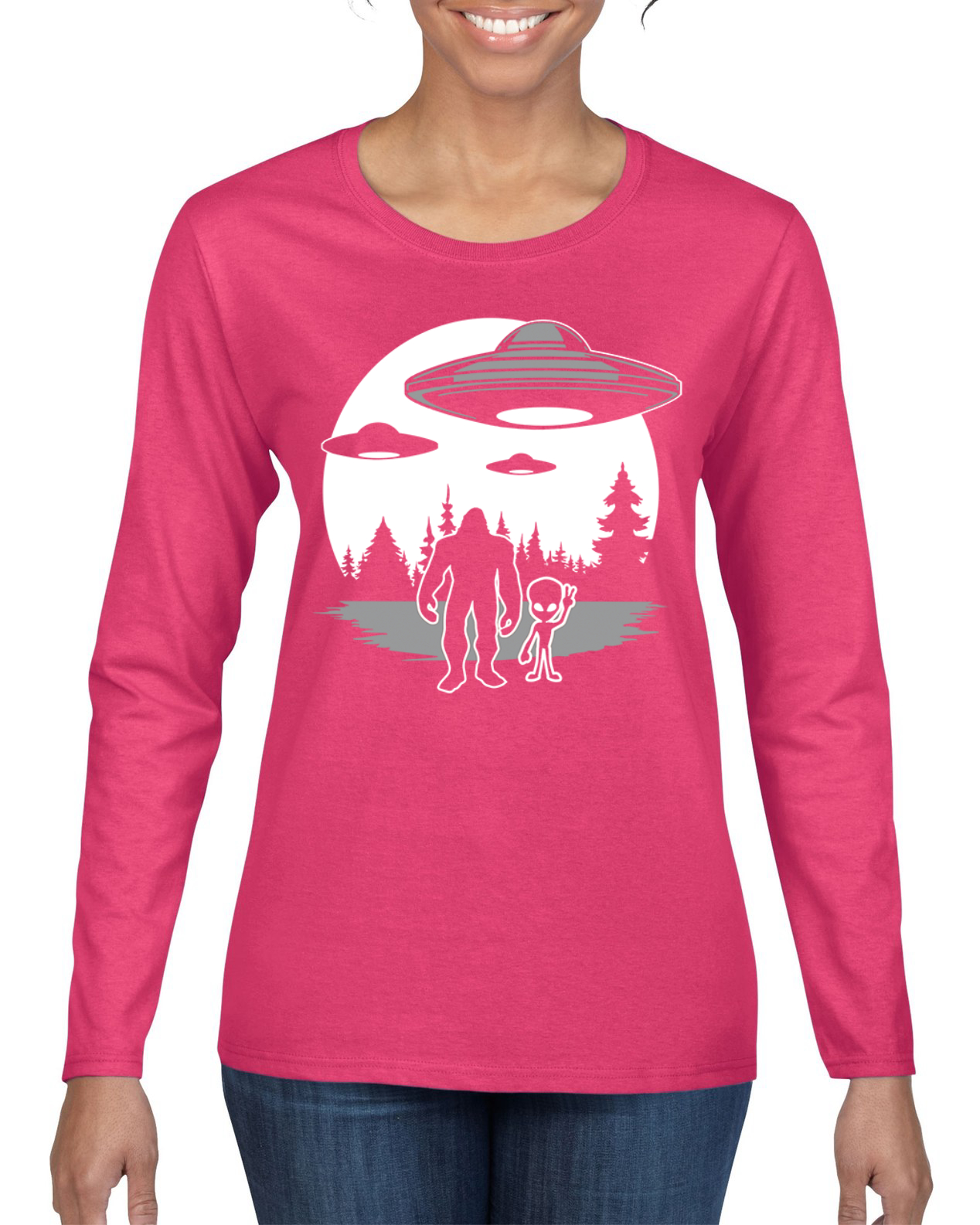 Silhoutte UFO Aliens Sasquatch Women Graphic Long Sleeve T-Shirt