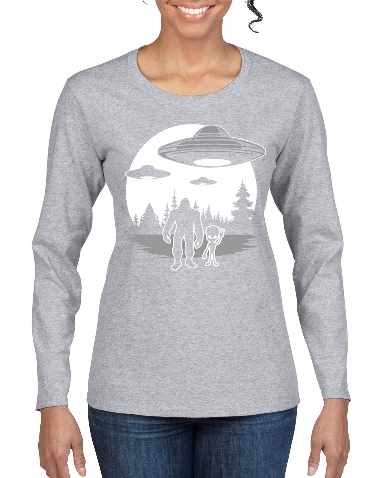 Silhoutte UFO Aliens Sasquatch Women Graphic Long Sleeve T-Shirt