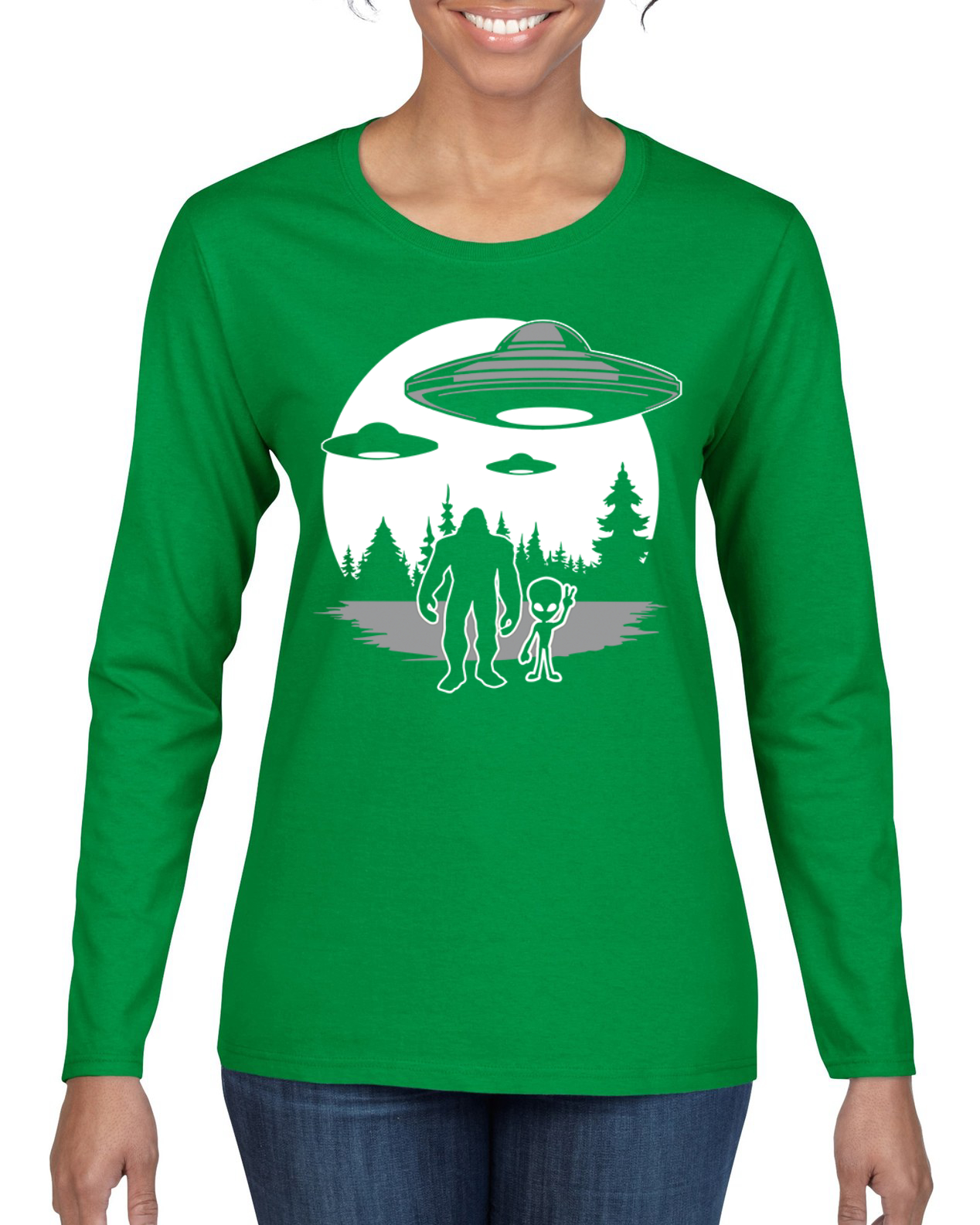 Silhoutte UFO Aliens Sasquatch Women Graphic Long Sleeve T-Shirt