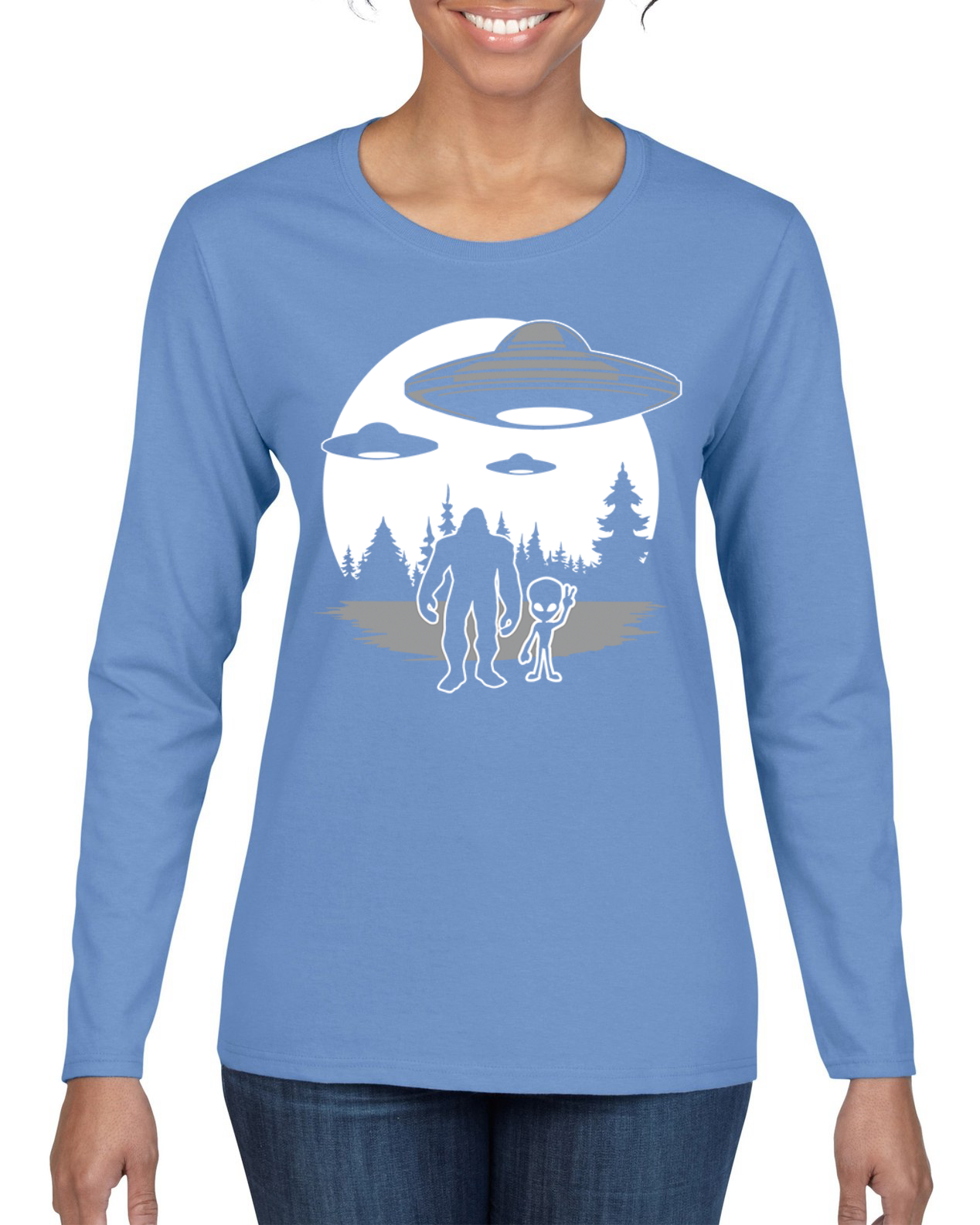 Silhoutte UFO Aliens Sasquatch Women Graphic Long Sleeve T-Shirt