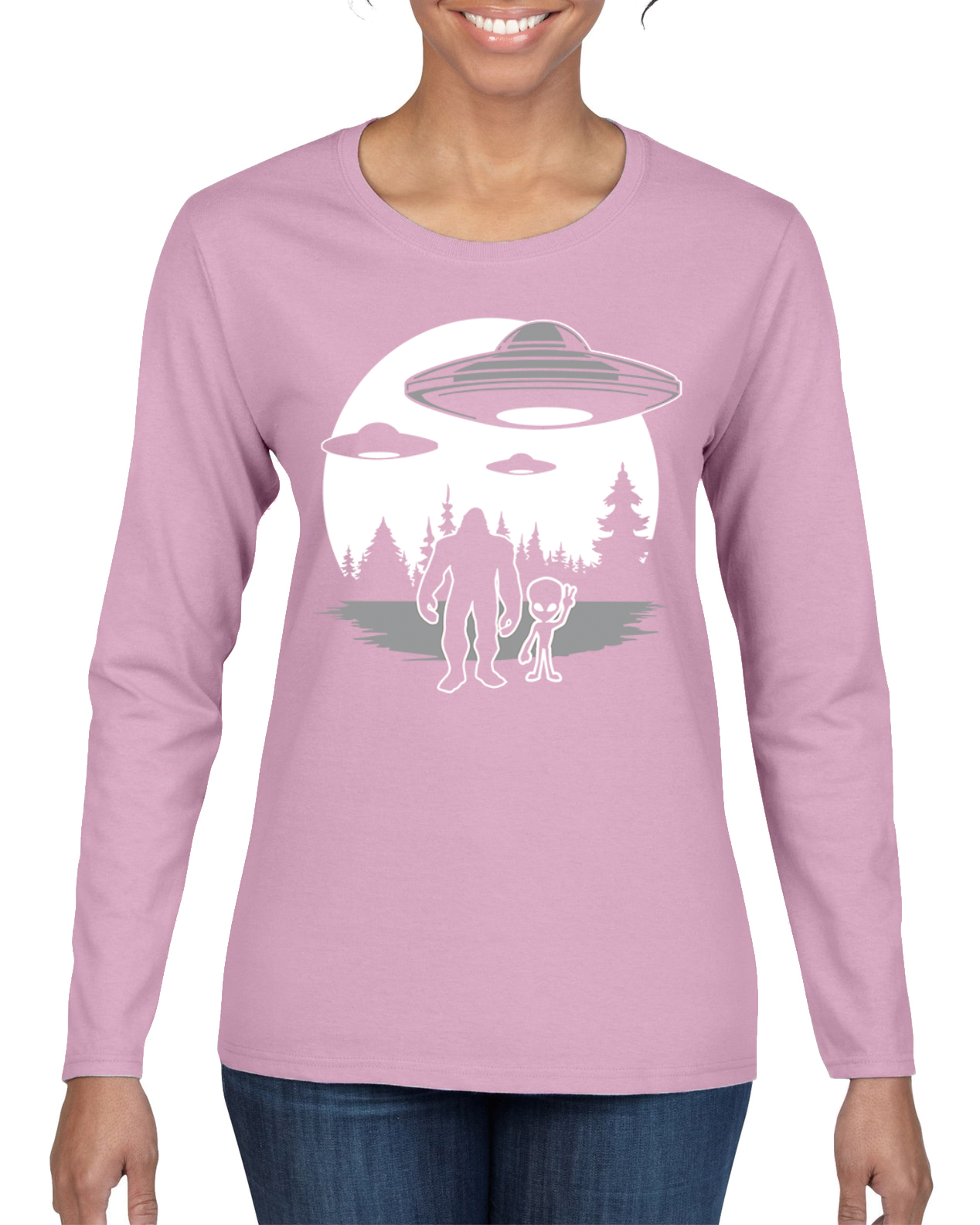 Silhoutte UFO Aliens Sasquatch Women Graphic Long Sleeve T-Shirt