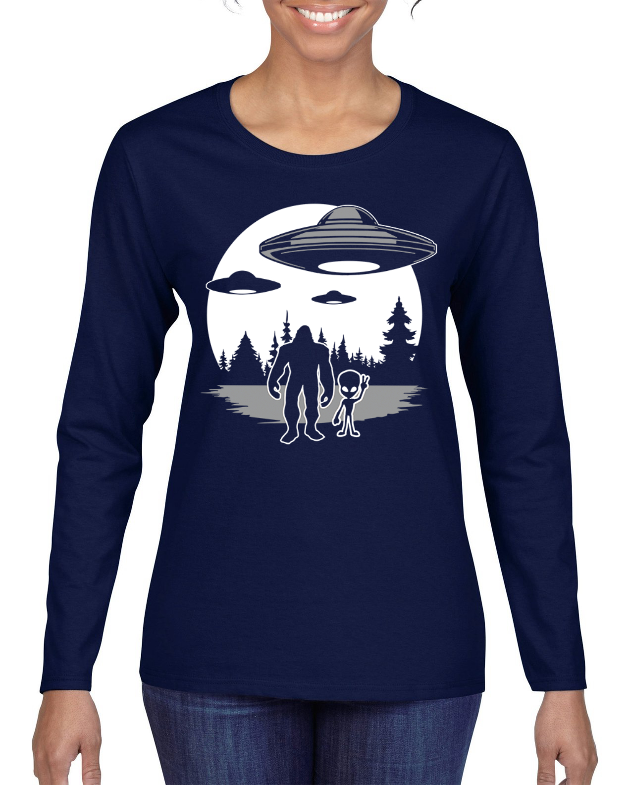 Silhoutte UFO Aliens Sasquatch Women Graphic Long Sleeve T-Shirt