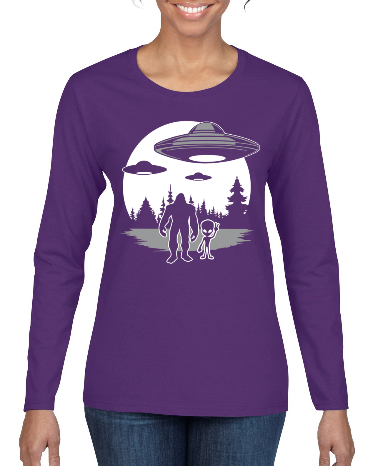 Silhoutte UFO Aliens Sasquatch Women Graphic Long Sleeve T-Shirt