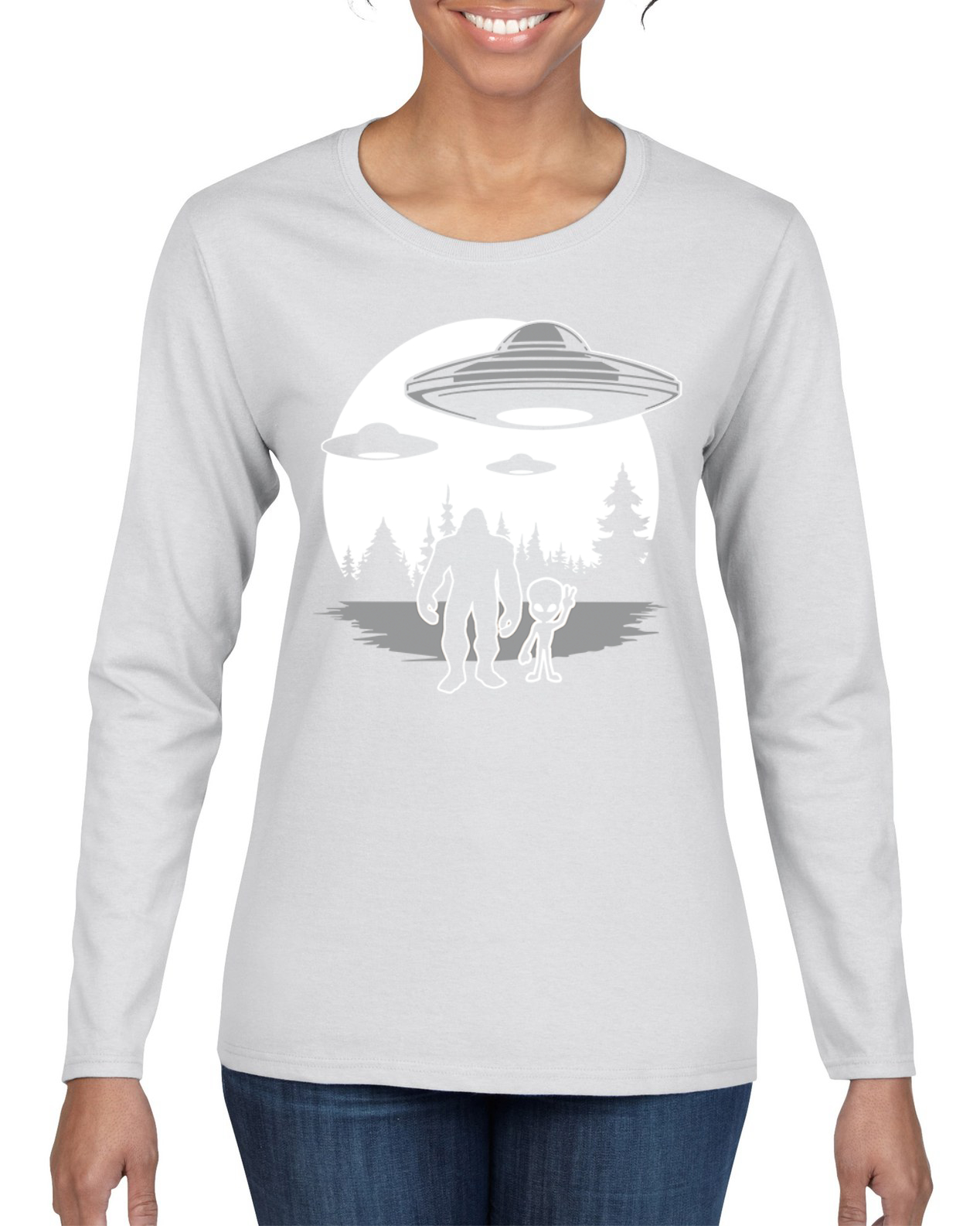 Silhoutte UFO Aliens Sasquatch Women Graphic Long Sleeve T-Shirt