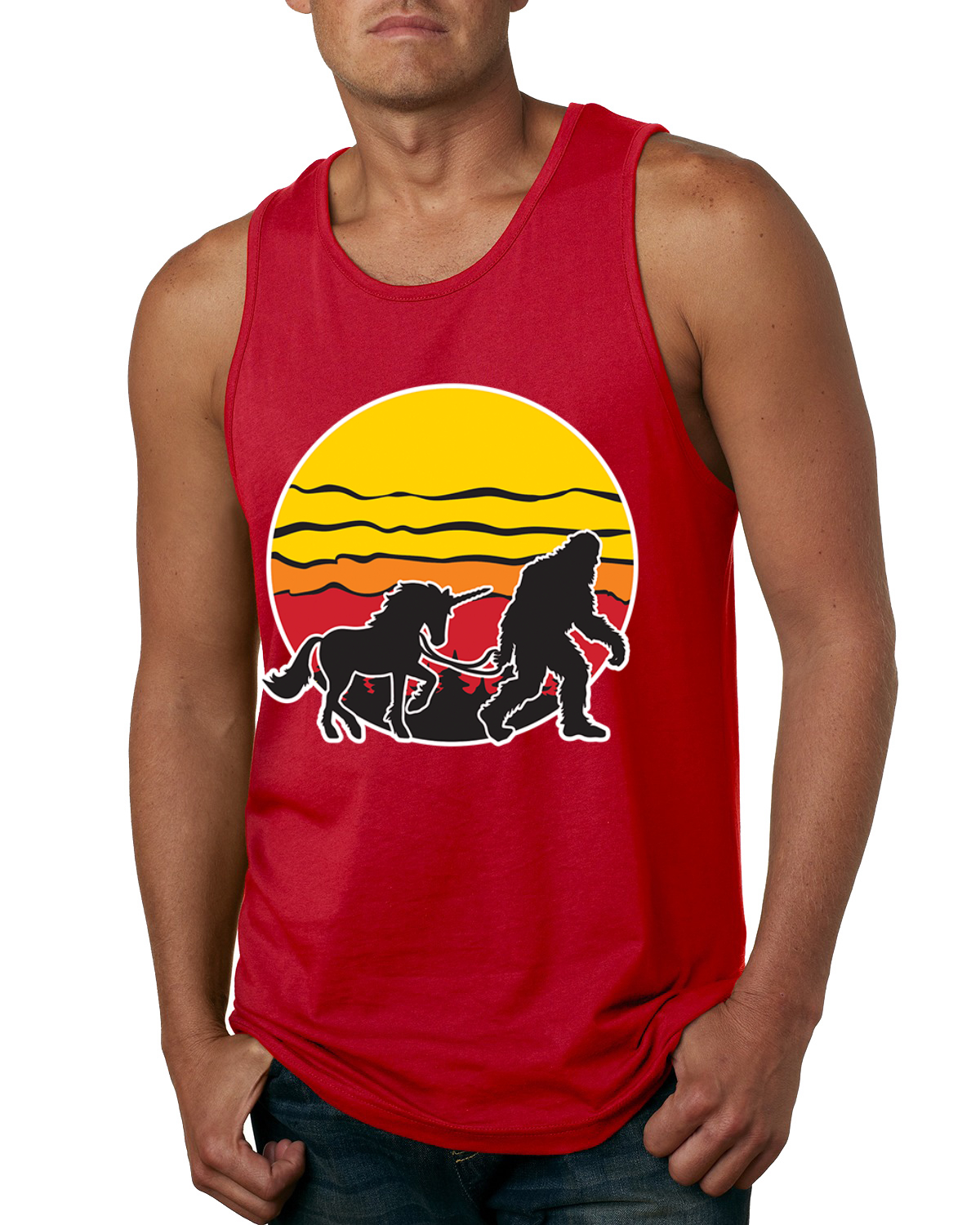 Camiseta sin mangas Sunset Silhoutte Unicornio y Sasquatch para hombre - Imagen 7 de 9