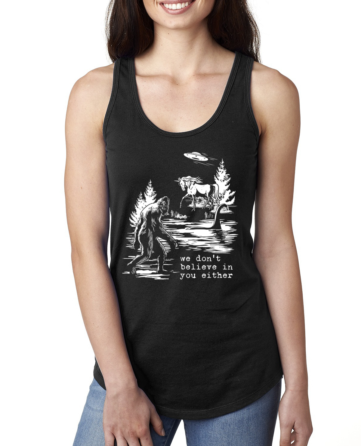 We Don't Believe Either Bigfoot Unicorns Ladies Racerback Tank Top - Picture 3 of 15