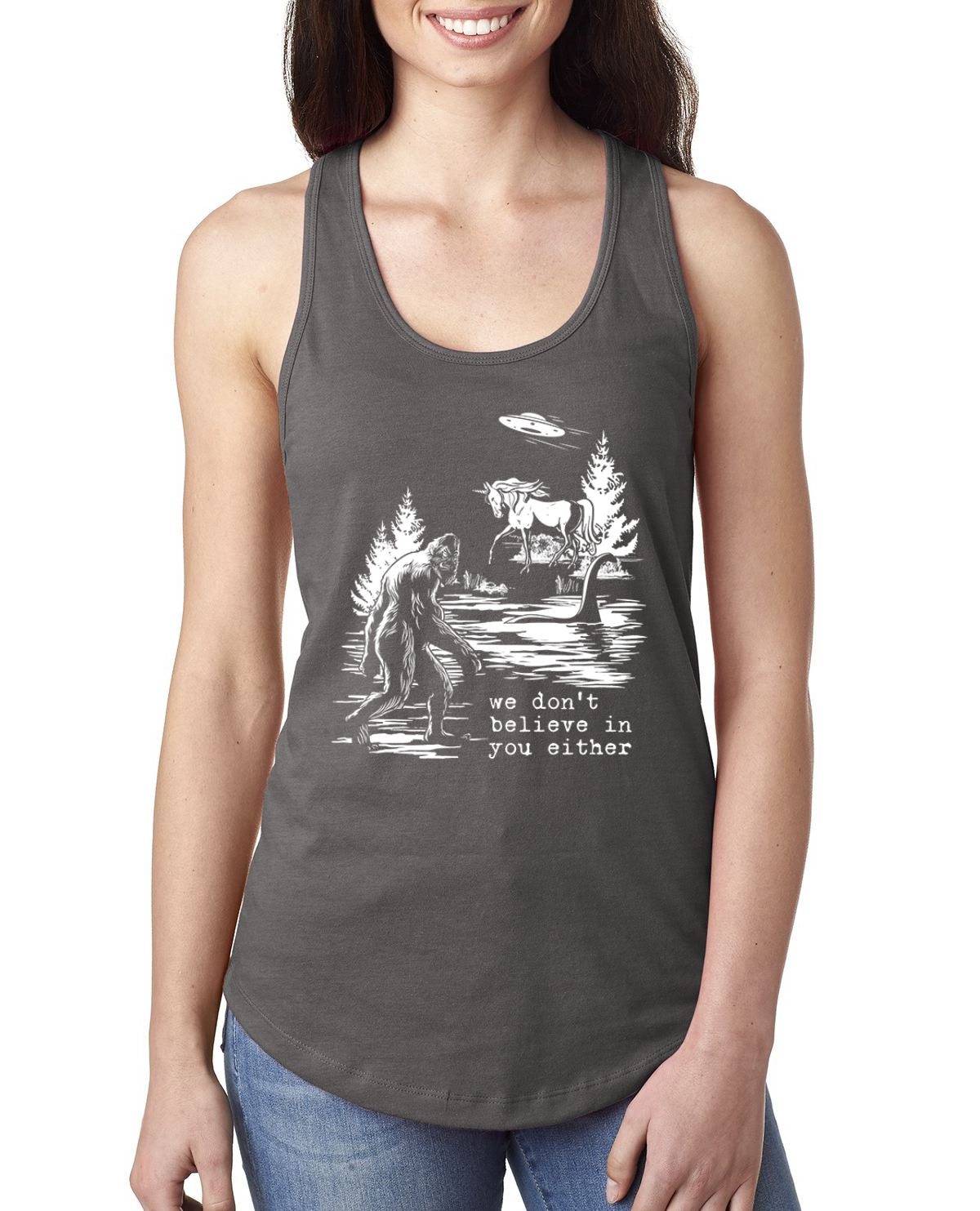 We Don't Believe Either Bigfoot Unicorns Ladies Racerback Tank Top - Picture 10 of 15
