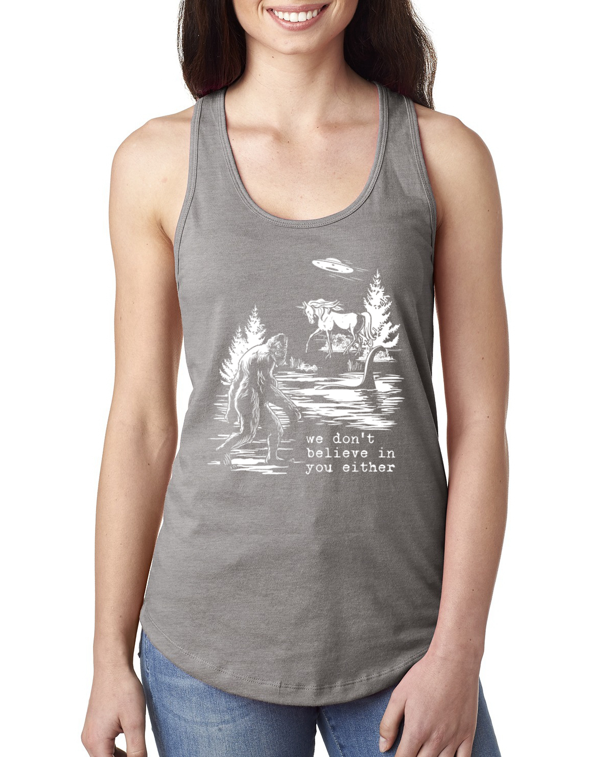 We Don't Believe Either Bigfoot Unicorns Ladies Racerback Tank Top - Picture 4 of 15