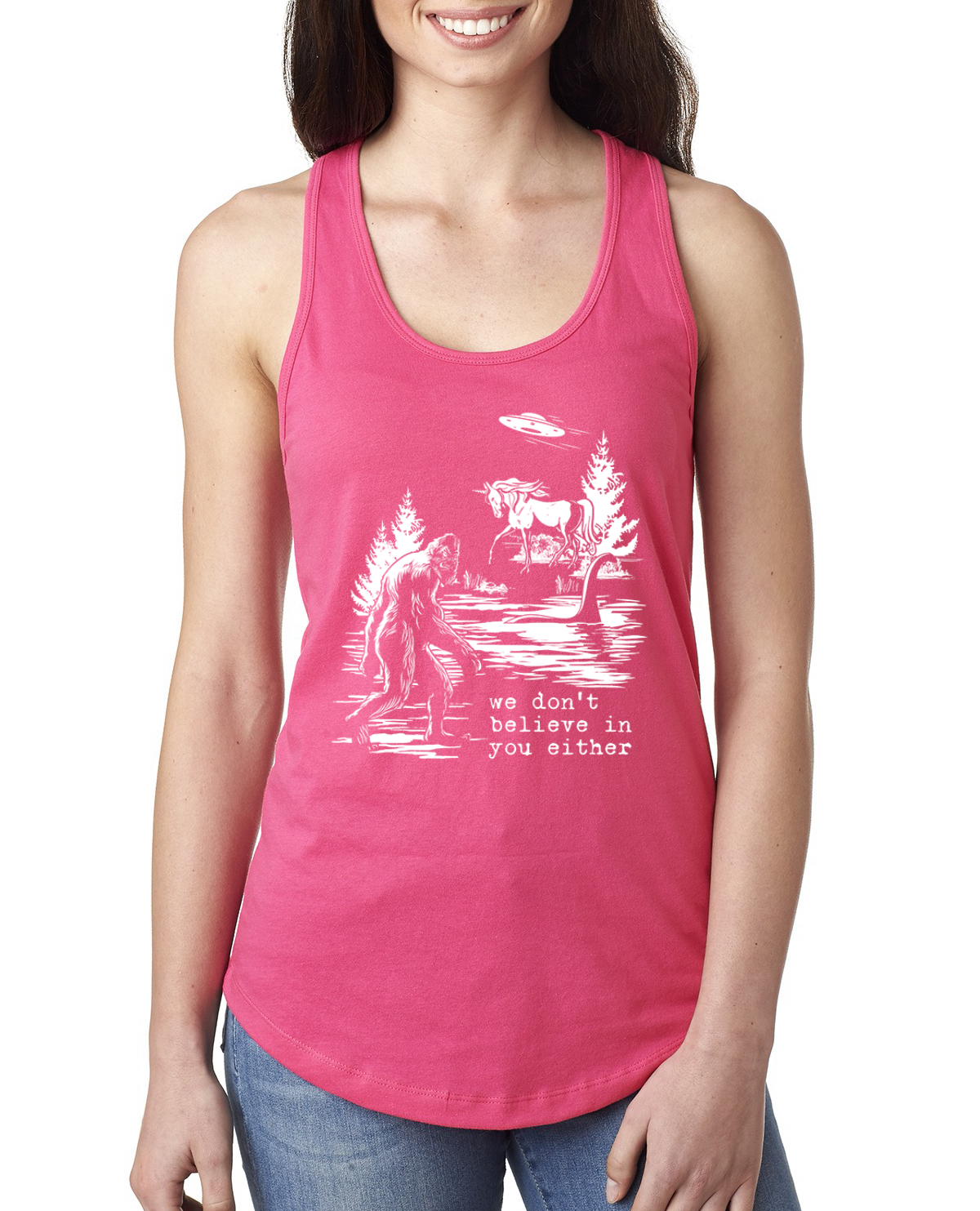 We Don't Believe Either Bigfoot Unicorns Ladies Racerback Tank Top - Picture 11 of 15