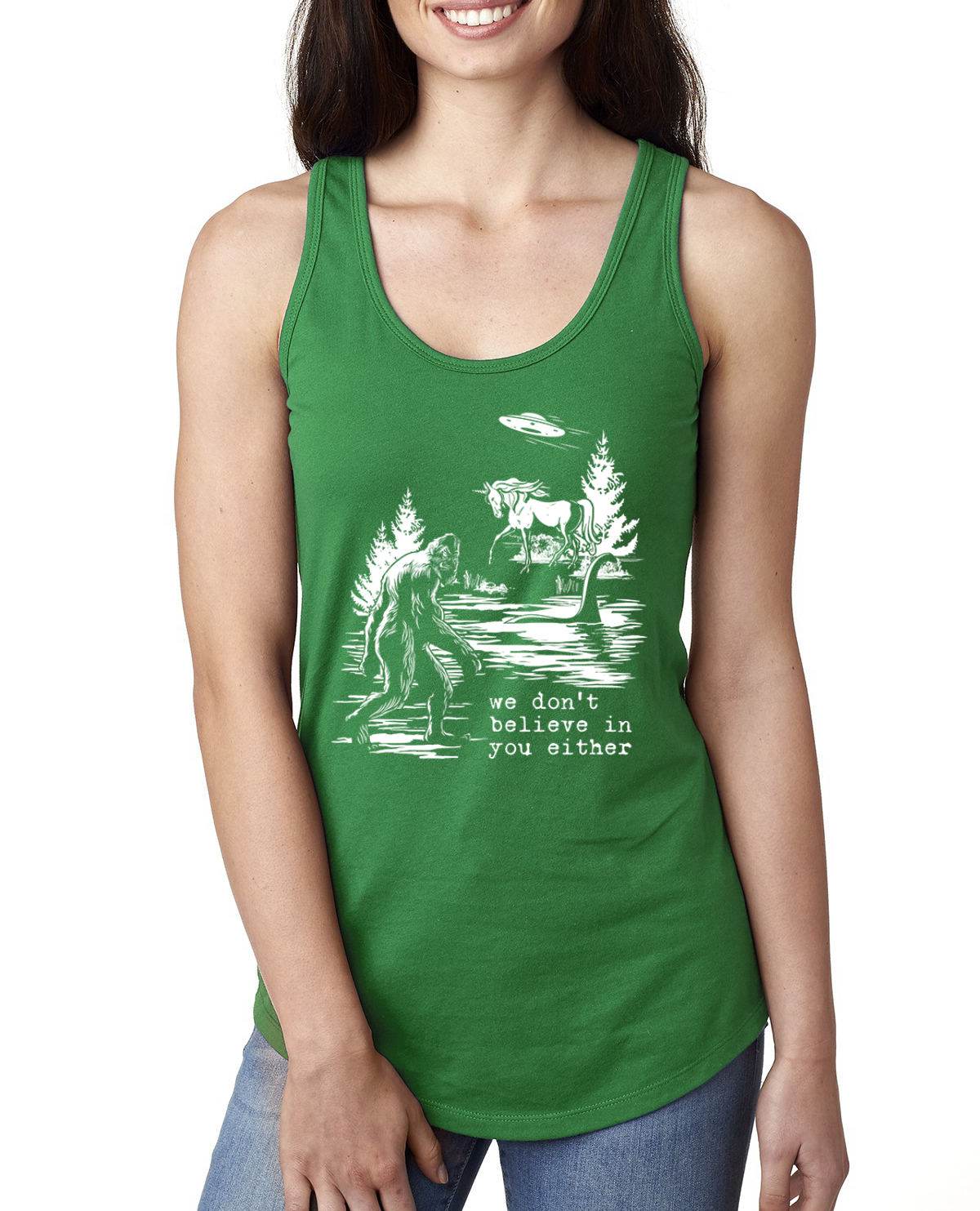 We Don't Believe Either Bigfoot Unicorns Ladies Racerback Tank Top - Picture 5 of 15