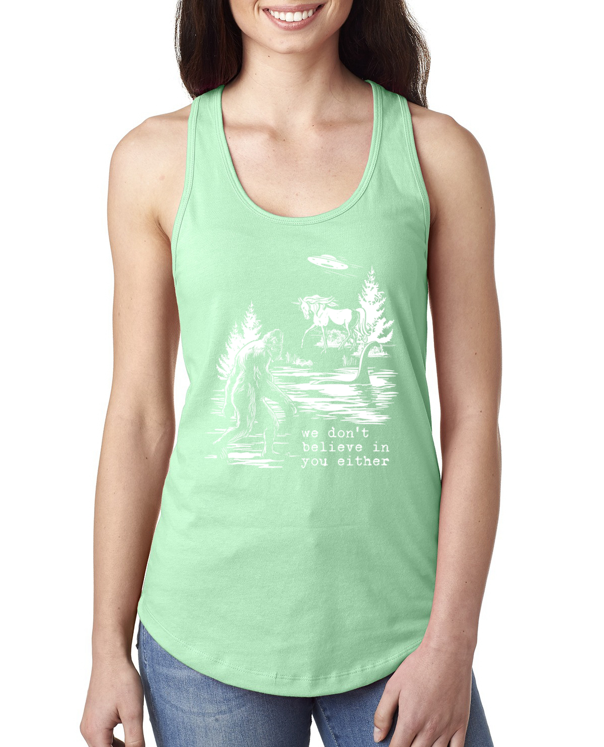 We Don't Believe Either Bigfoot Unicorns Ladies Racerback Tank Top - Picture 12 of 15