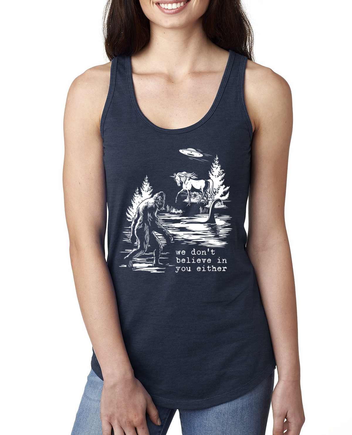 We Don't Believe Either Bigfoot Unicorns Ladies Racerback Tank Top - Picture 6 of 15
