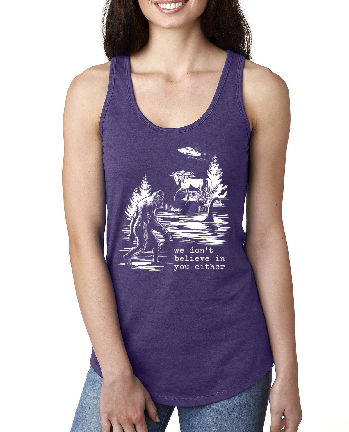 We Don't Believe Either Bigfoot Unicorns Ladies Racerback Tank Top - Picture 13 of 15