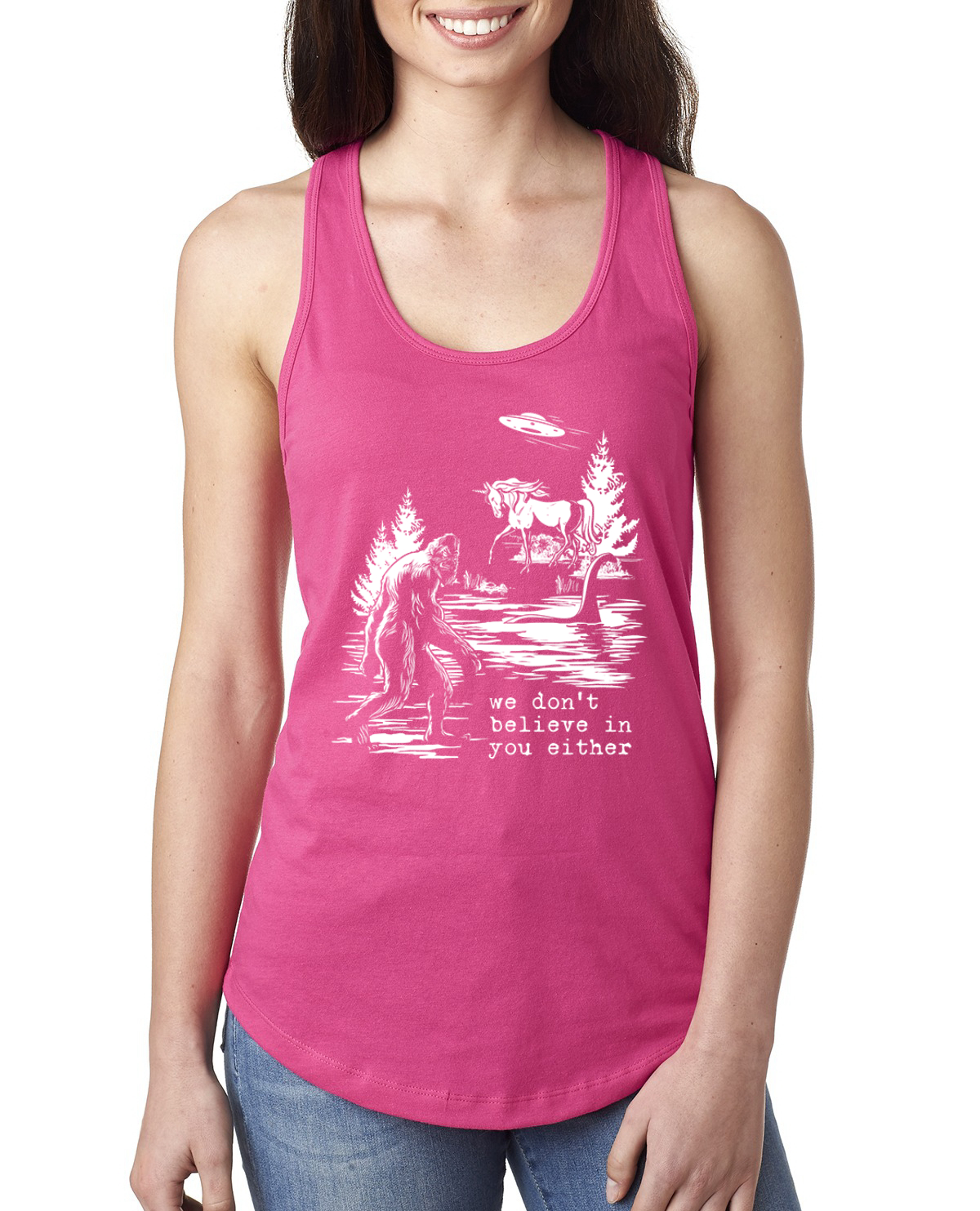 We Don't Believe Either Bigfoot Unicorns Ladies Racerback Tank Top - Picture 14 of 15