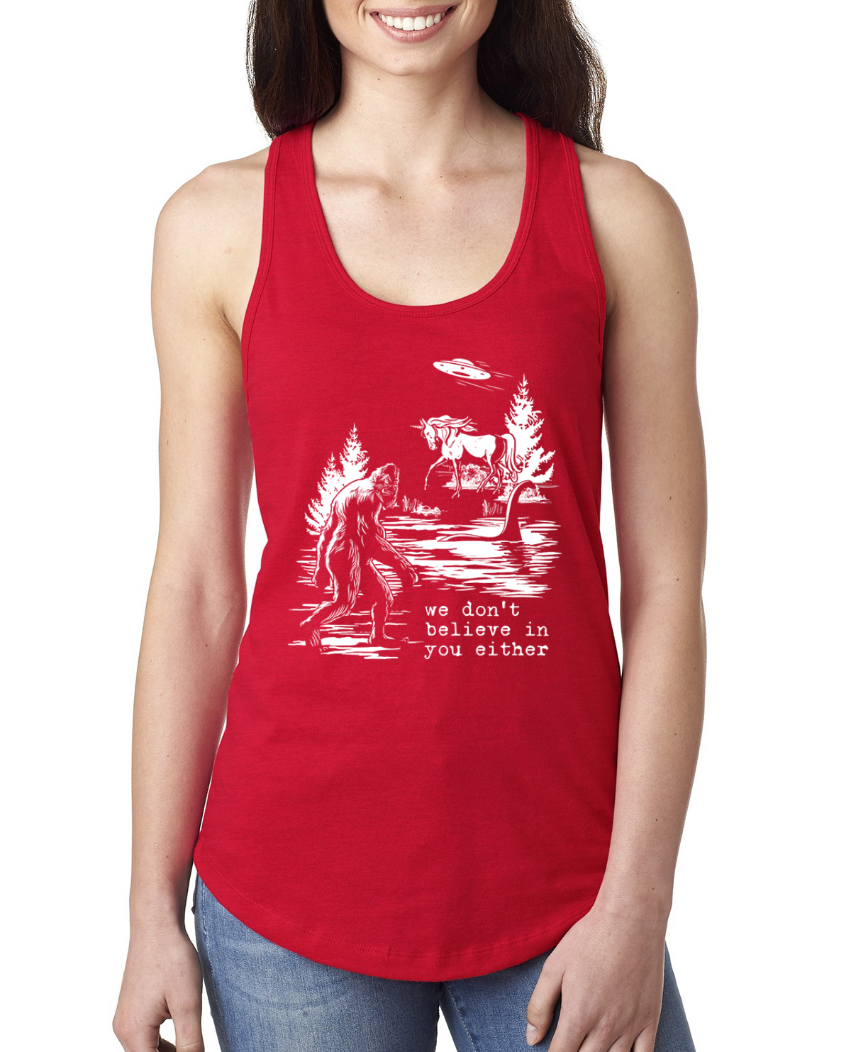 We Don't Believe Either Bigfoot Unicorns Ladies Racerback Tank Top - Picture 7 of 15