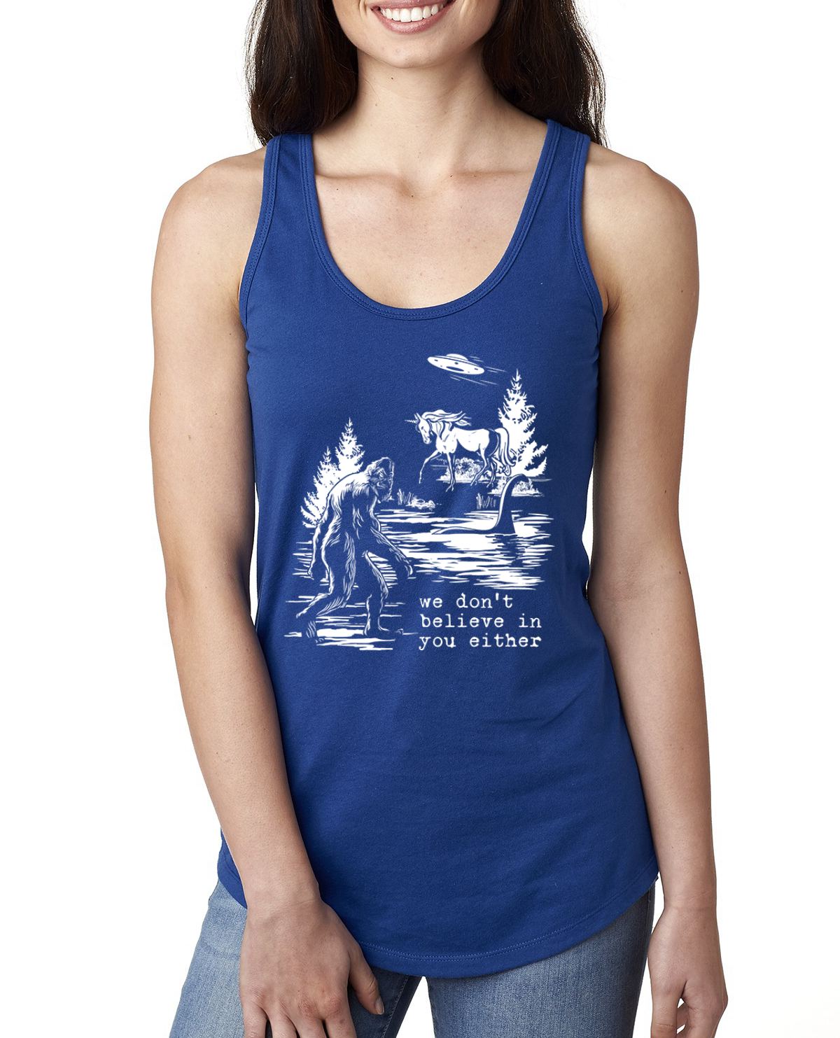 We Don't Believe Either Bigfoot Unicorns Ladies Racerback Tank Top - Picture 8 of 15