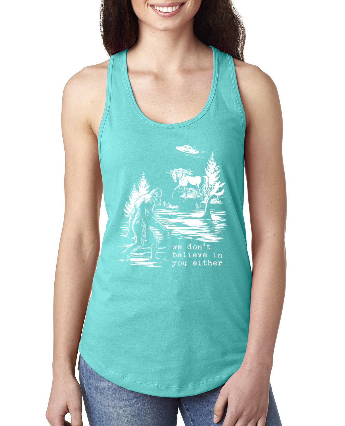 We Don't Believe Either Bigfoot Unicorns Ladies Racerback Tank Top - Picture 15 of 15